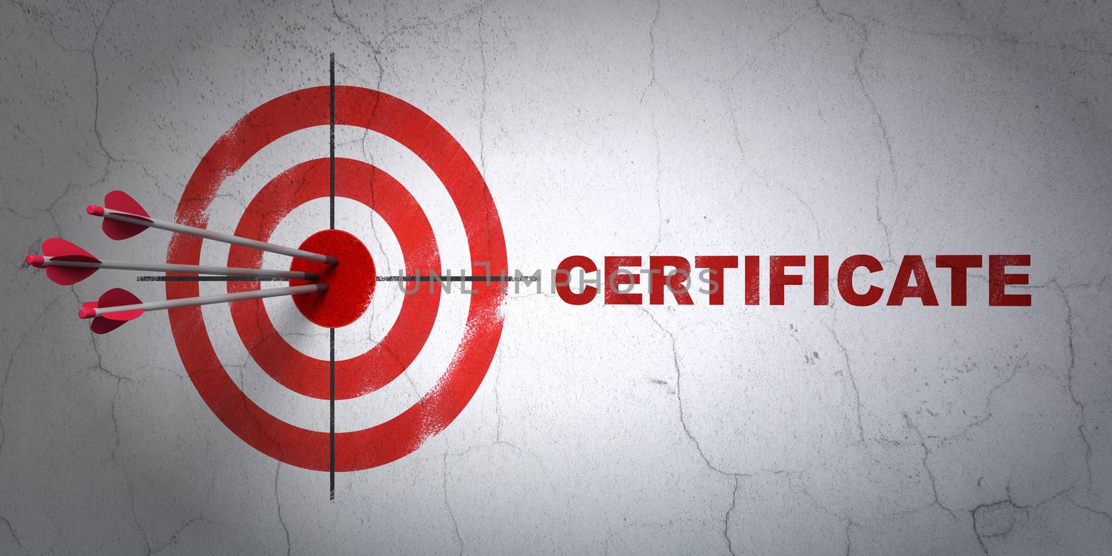 Success law concept: arrows hitting the center of target, Red Certificate on wall background, 3D rendering