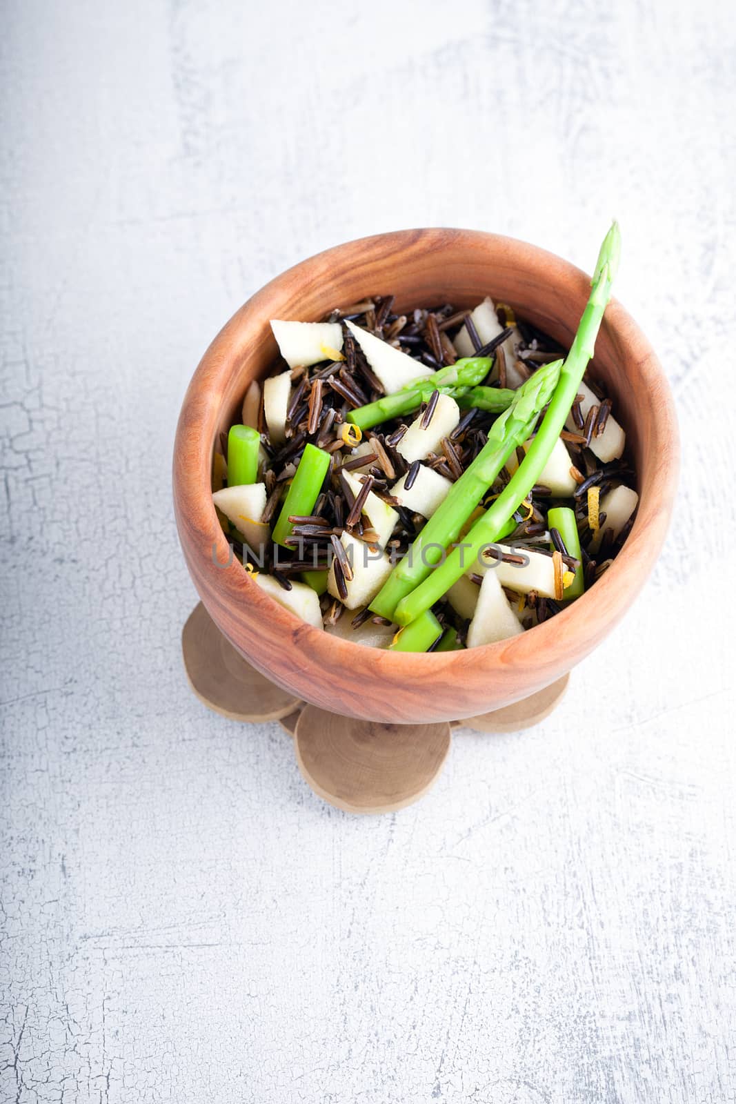 Black rice, apple and asparagus salad. Healthy food