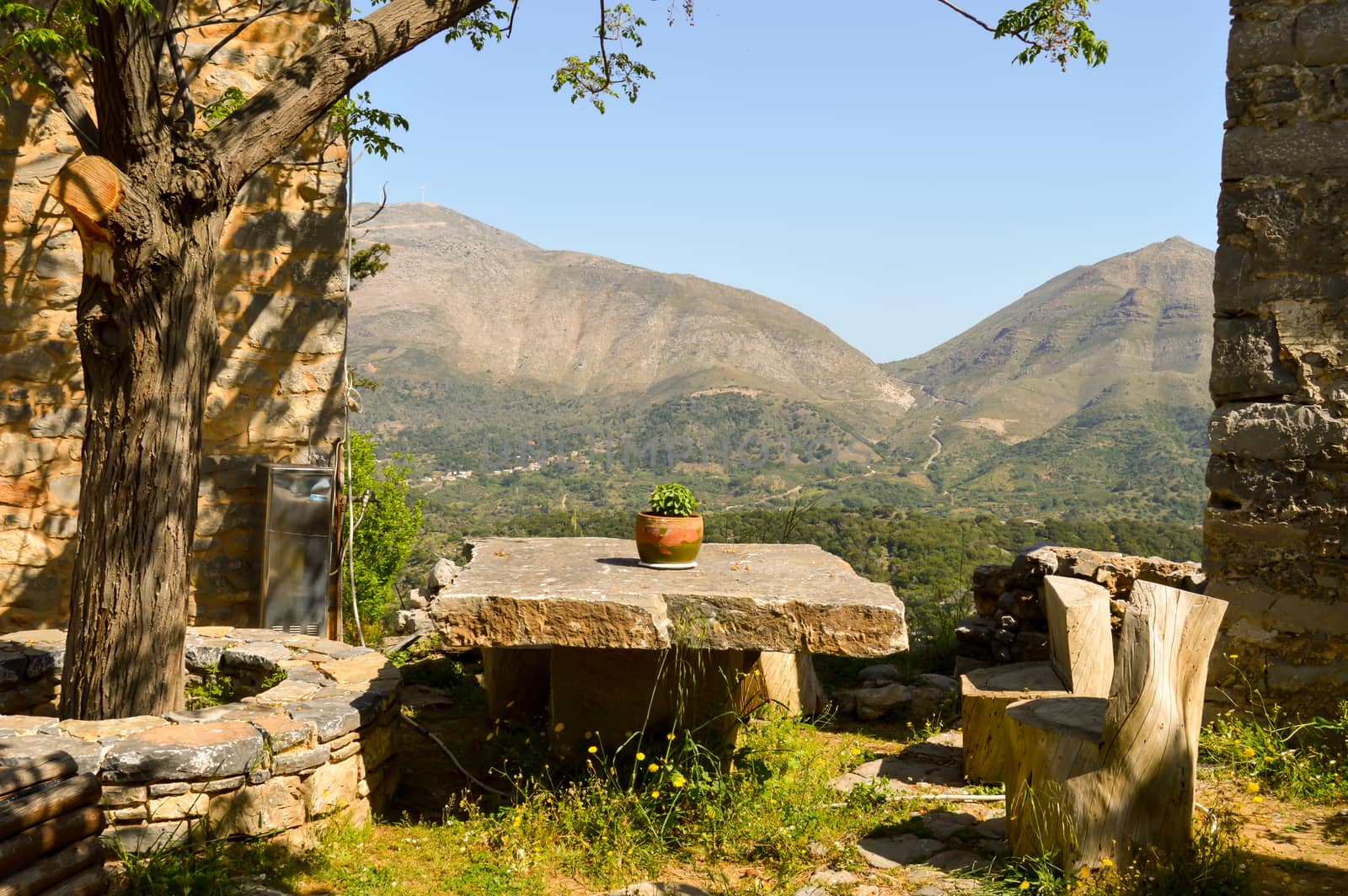 Rest area with a view of the mountains in the south of Crete