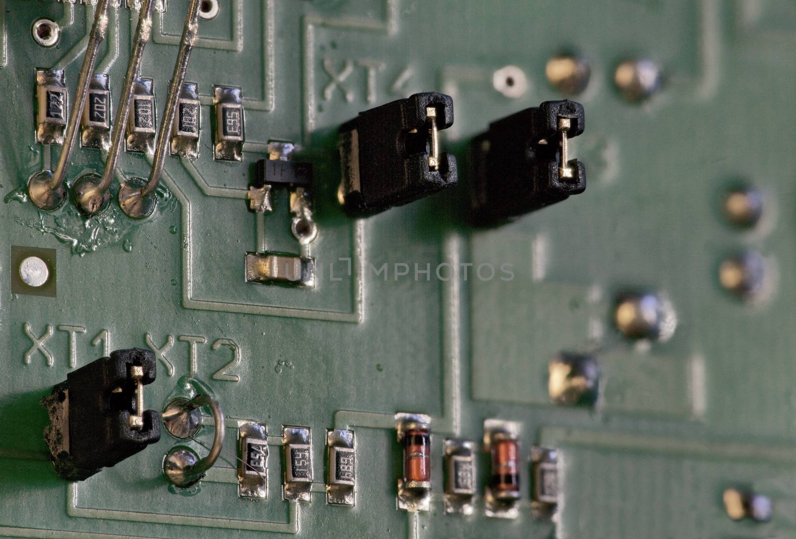 Electronic components on circuit board macro shot