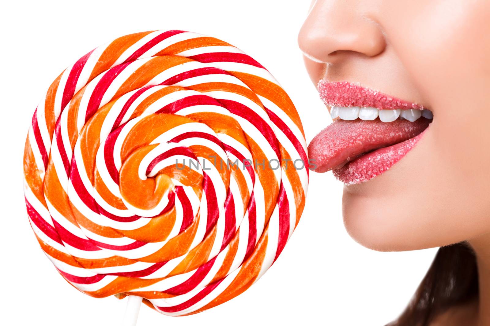 Closeup of woman's lips and tongue covered by sugar and big loll by Nobilior