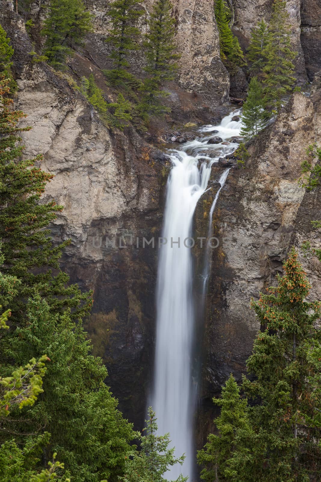 A closeup view of Tower Falls in Yellowstone National Park, USA.