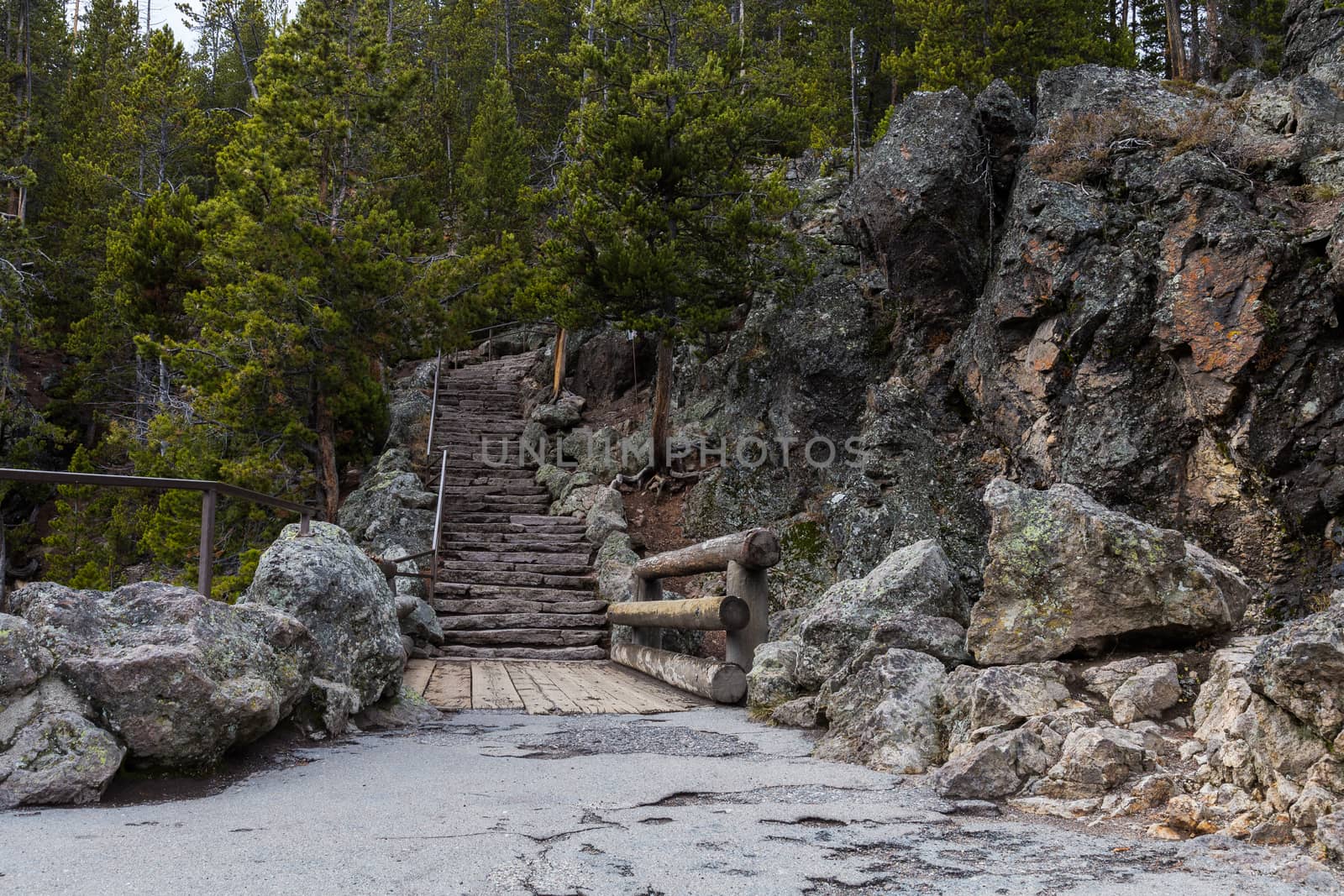 Stairs on a trail at the Brink of the Upper Falls in Yellowstone.