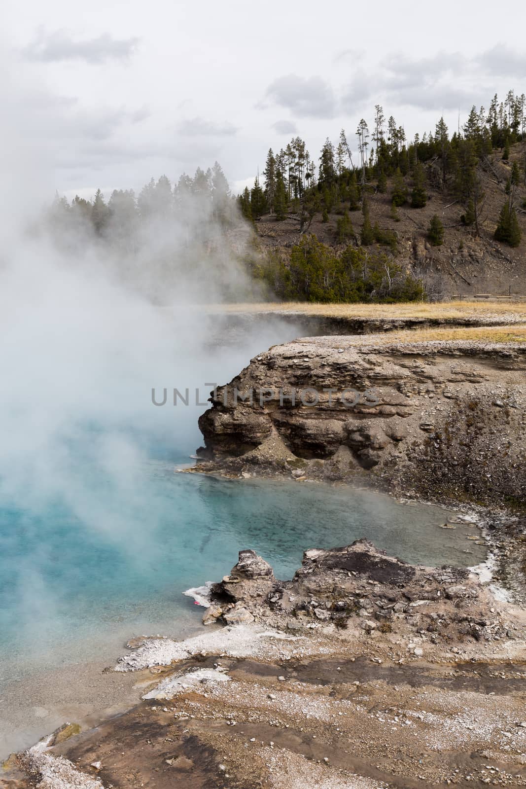 View of the Excelsior Geyser Crater in the Midway Geyser Basin in Yellowstone National Park.