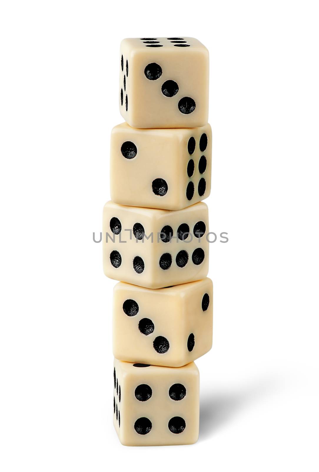 Five gaming dice isolated on white background