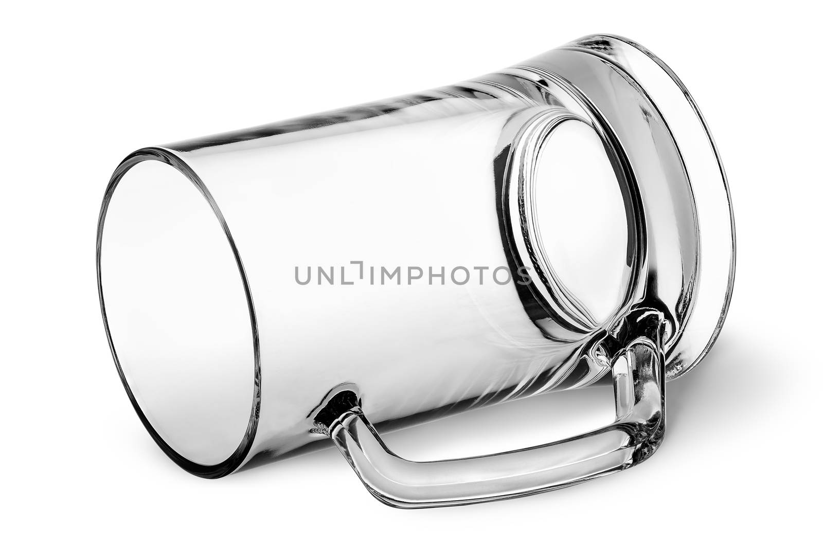Big glass beer mug lying down isolated on white background