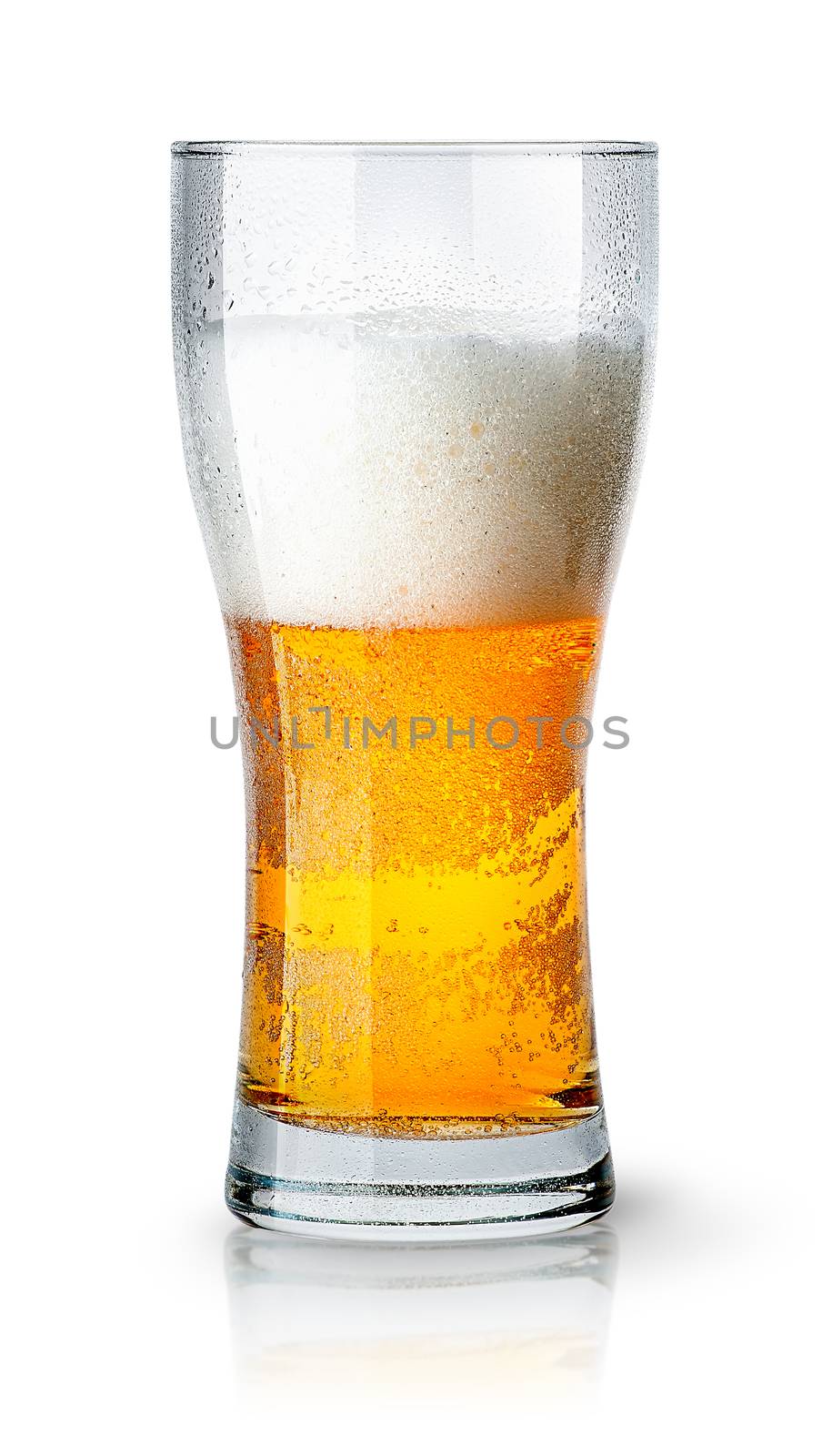 Half glass of light beer with foam isolated on white background
