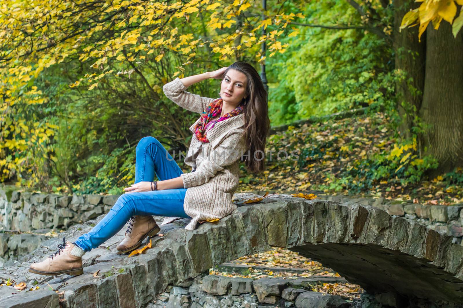 beauty girl sitting on a bridge in the autumn park