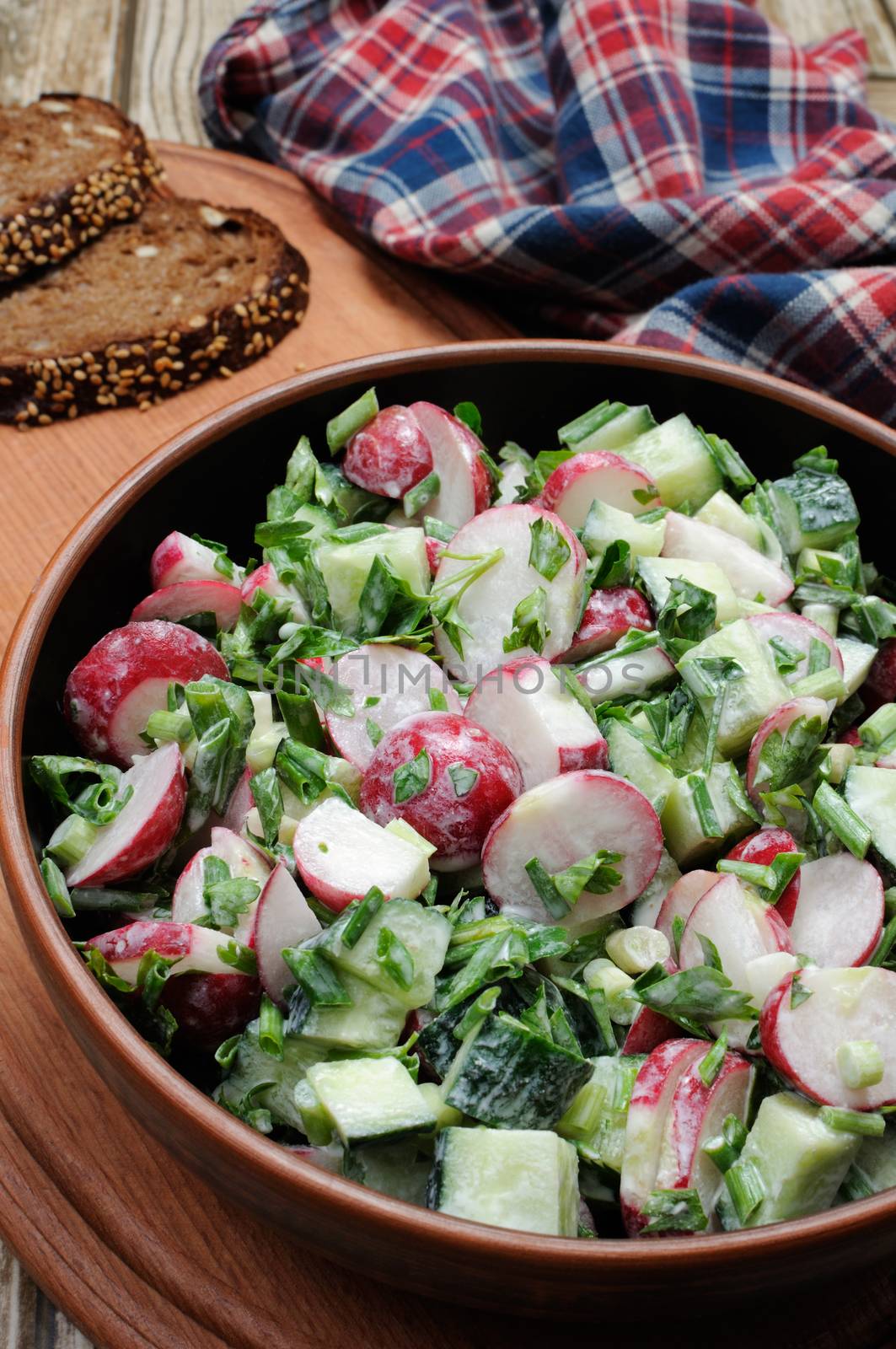 Salad with pieces of radish and cucumber, herbs and green onions, dressed  yogurt. Vertically shot. 