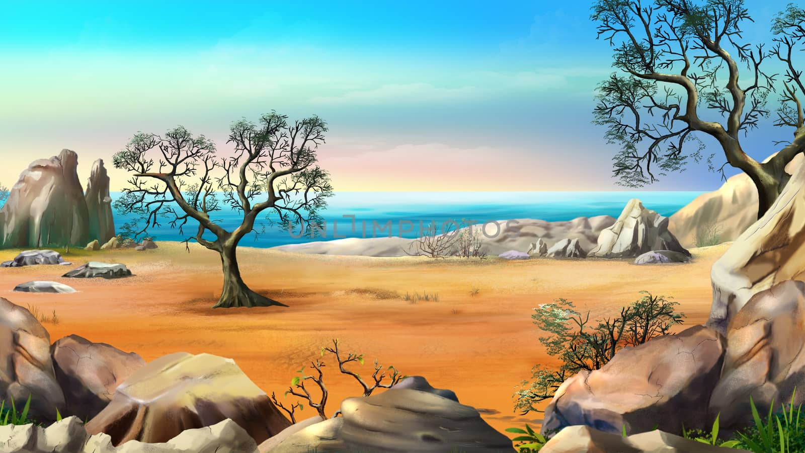 Rocky Shore with Lonely Tree Against Blue Sky in a Summer Day. Digital Painting Background, Illustration in cartoon style character.