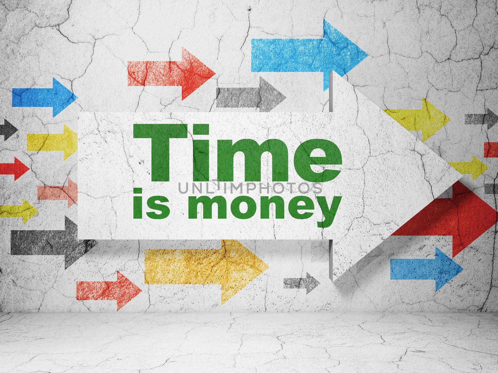 Time concept: arrow with Time Is money on grunge wall background by maxkabakov