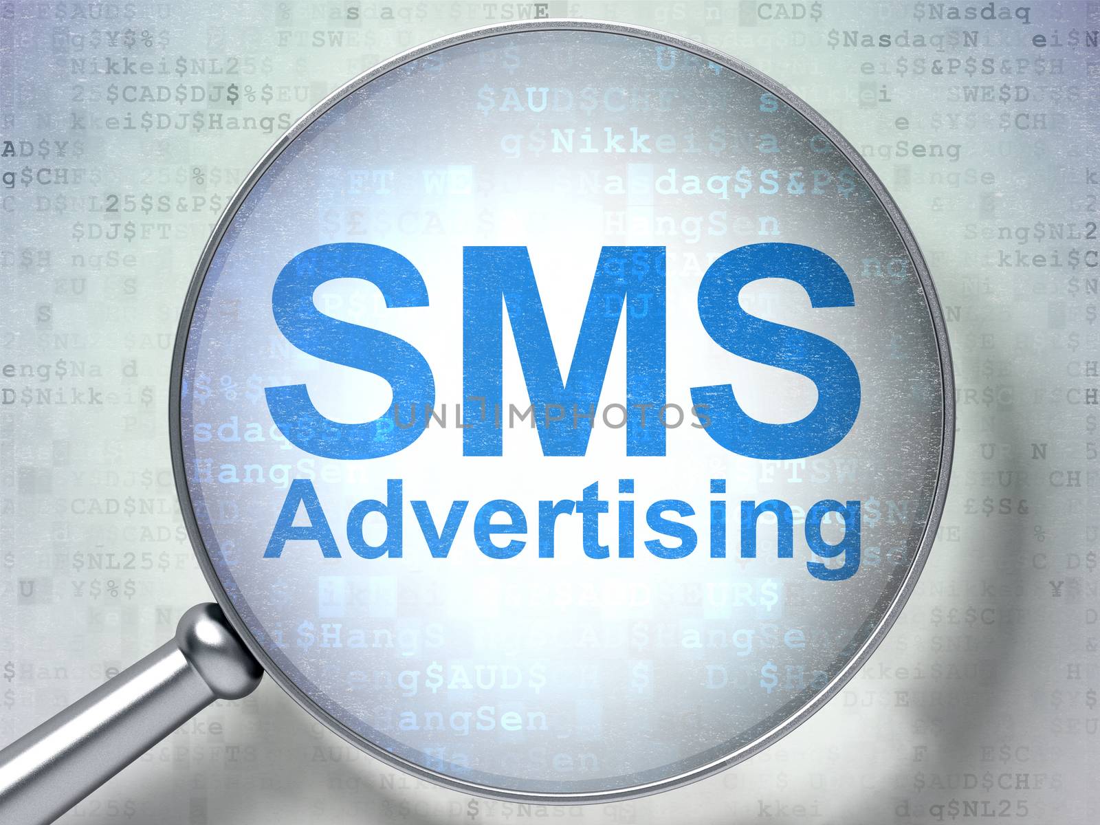 Marketing concept: magnifying optical glass with words SMS Advertising on digital background, 3D rendering