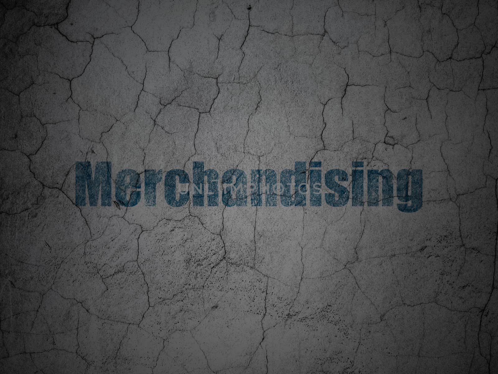 Marketing concept: Blue Merchandising on grunge textured concrete wall background