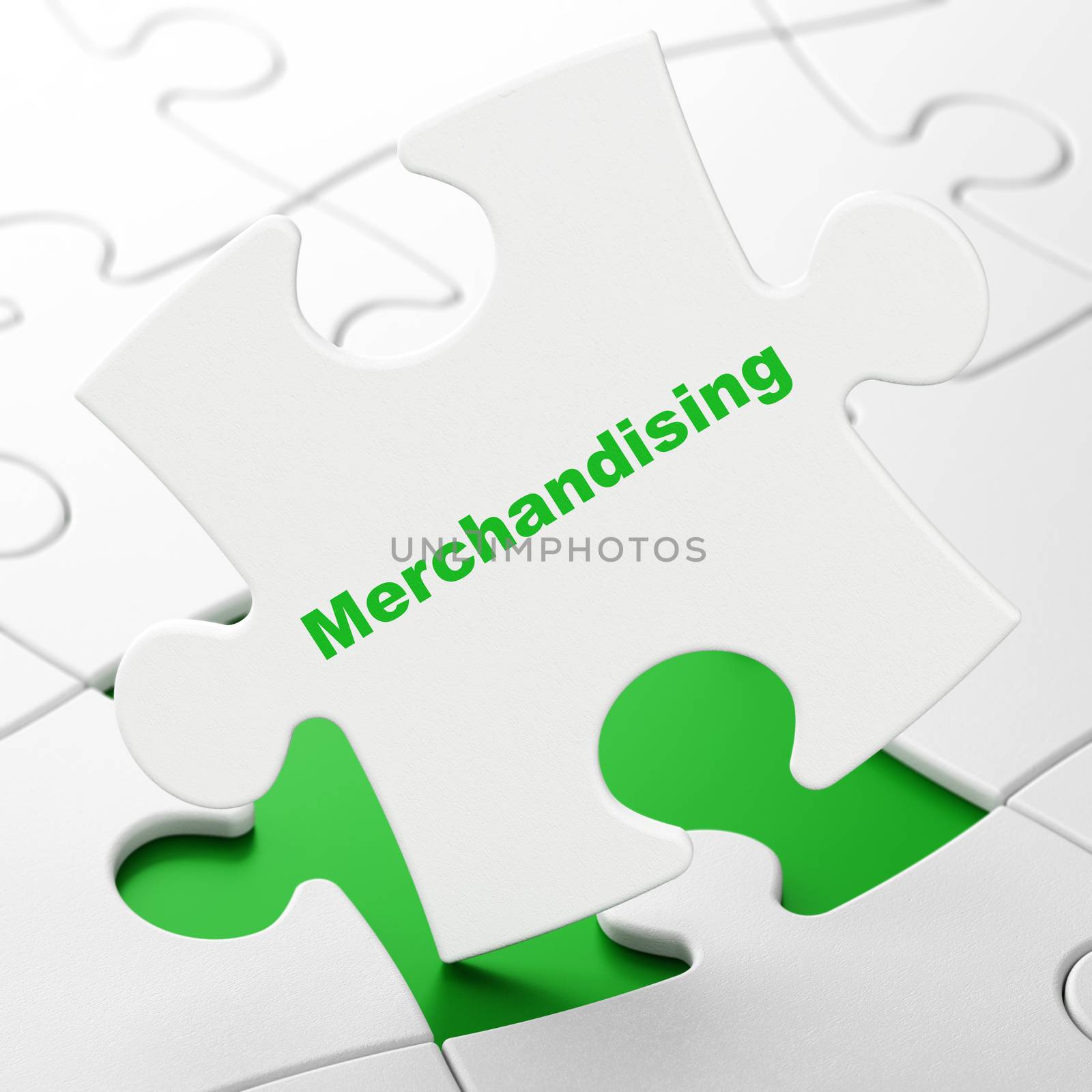 Advertising concept: Merchandising on White puzzle pieces background, 3D rendering