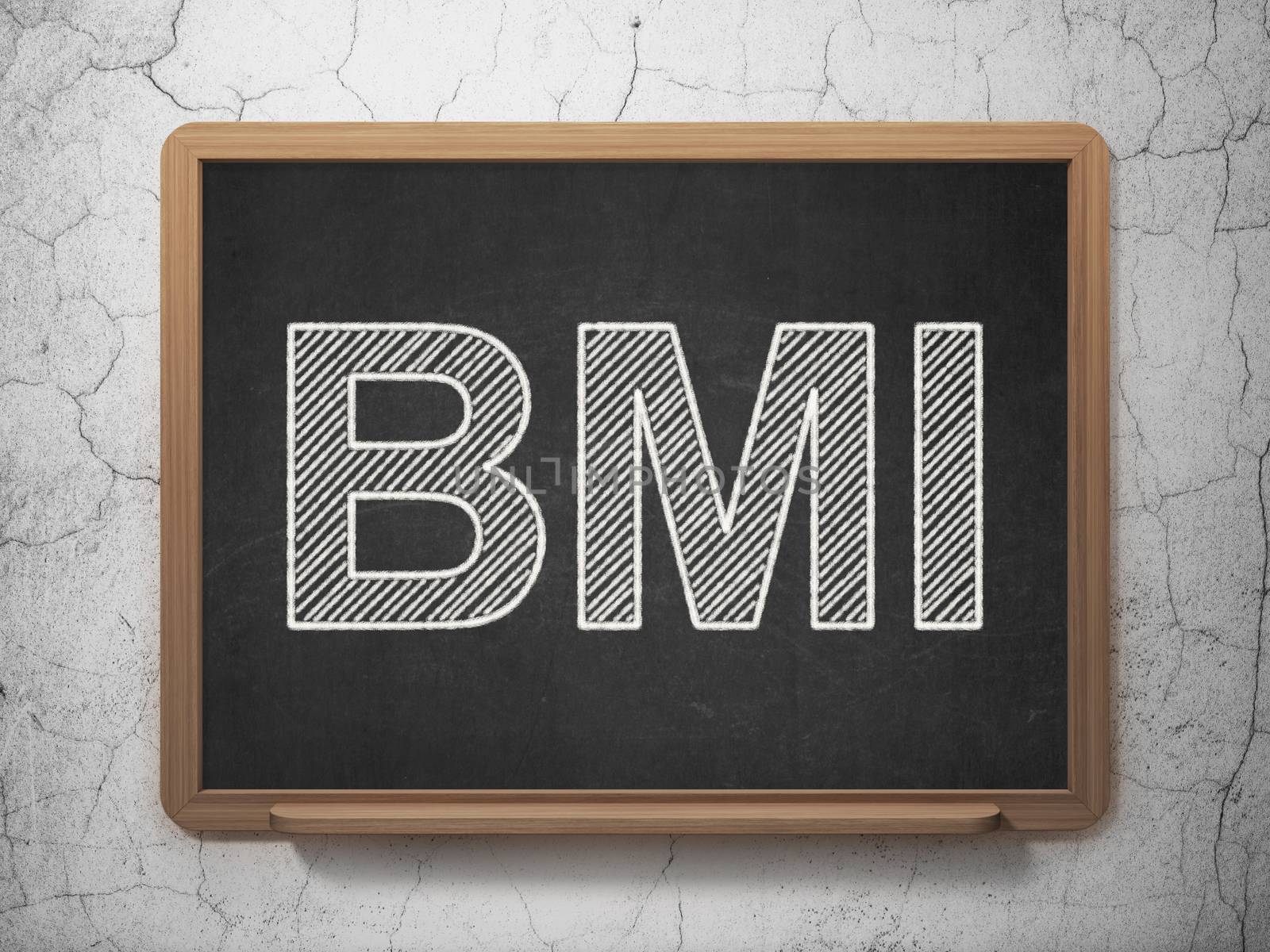 Health concept: text BMI on Black chalkboard on grunge wall background, 3D rendering