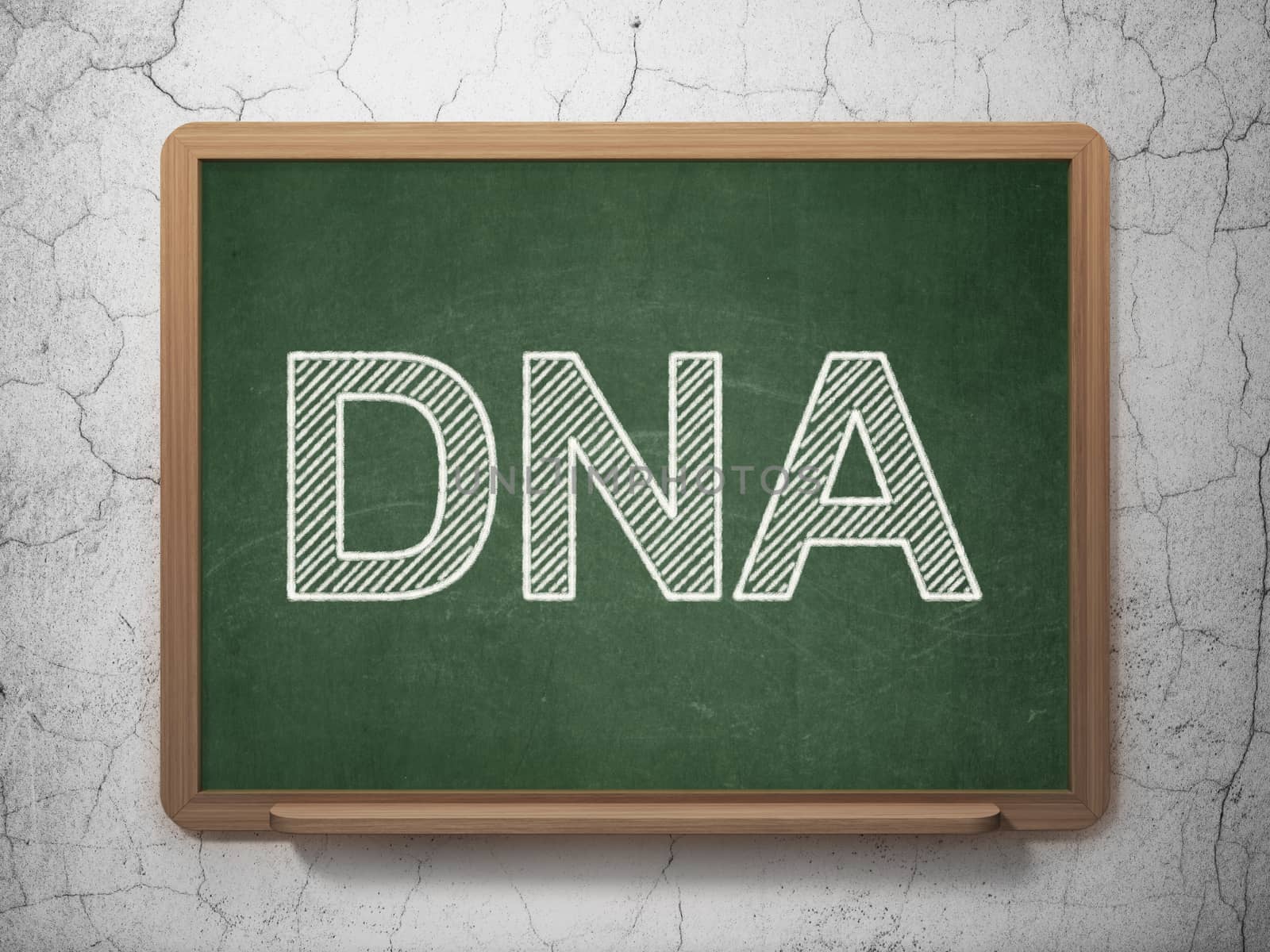 Healthcare concept: text DNA on Green chalkboard on grunge wall background, 3D rendering