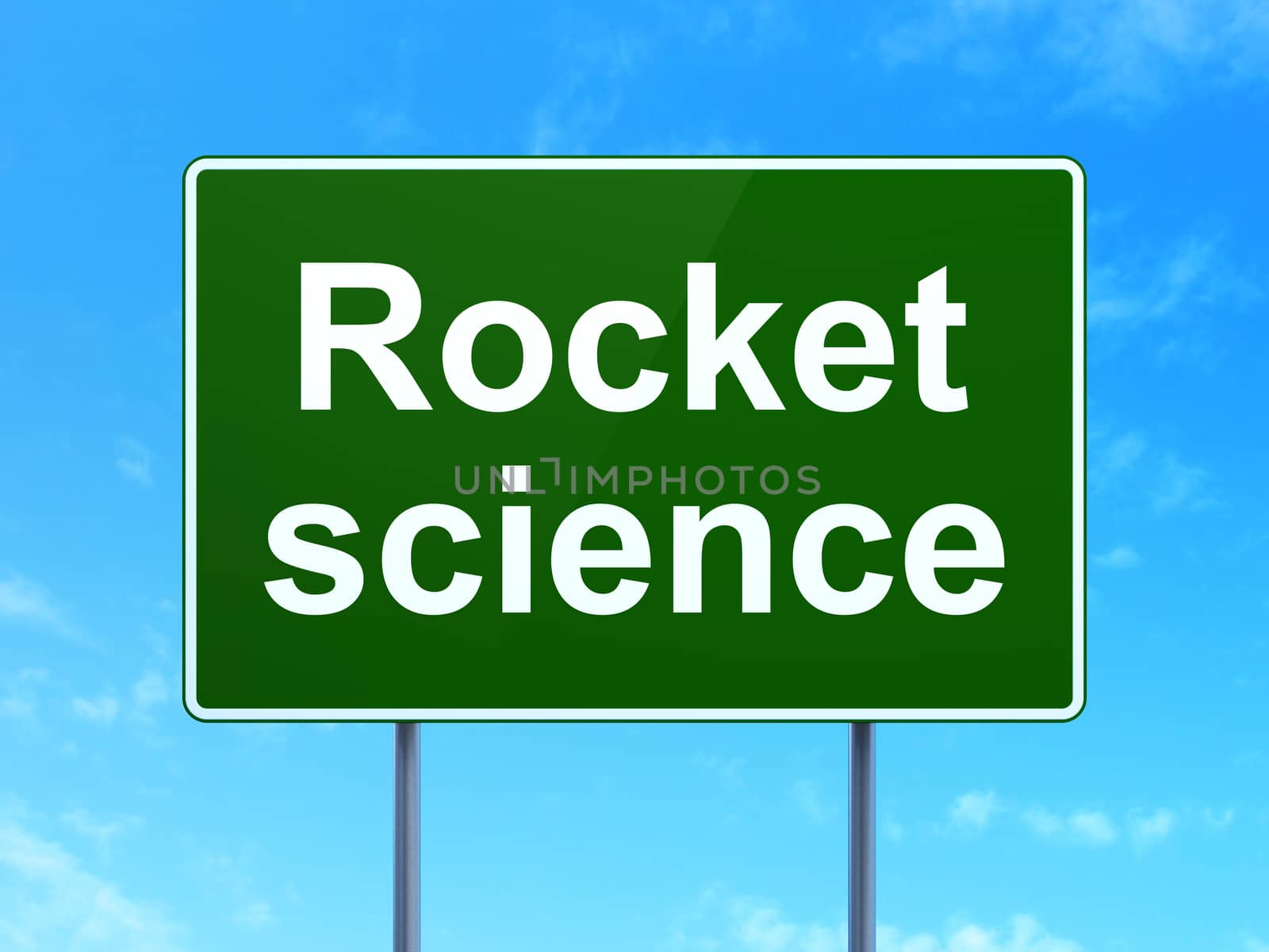 Science concept: Rocket Science on green road highway sign, clear blue sky background, 3D rendering