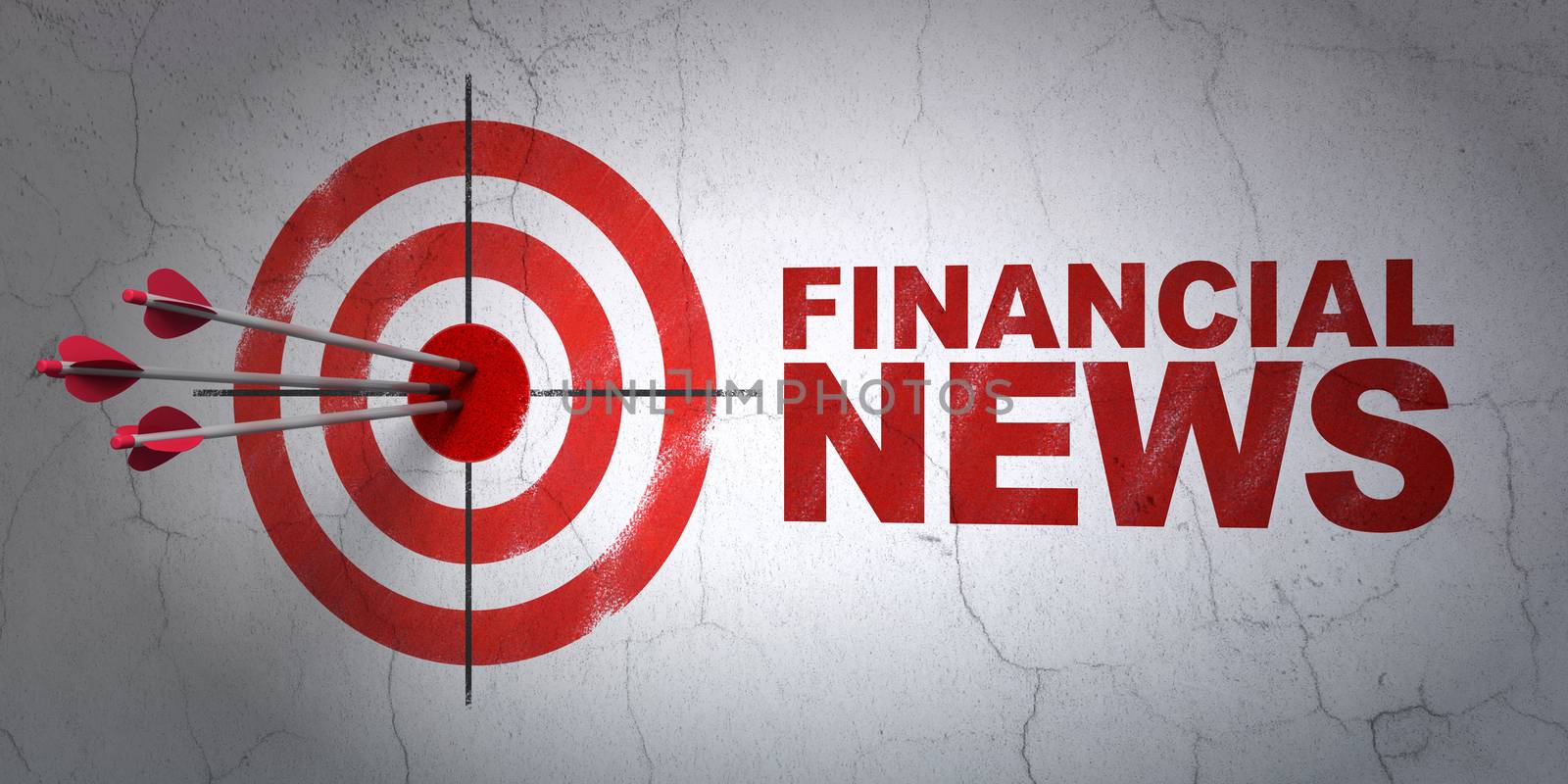 Success news concept: arrows hitting the center of target, Red Financial News on wall background, 3D rendering