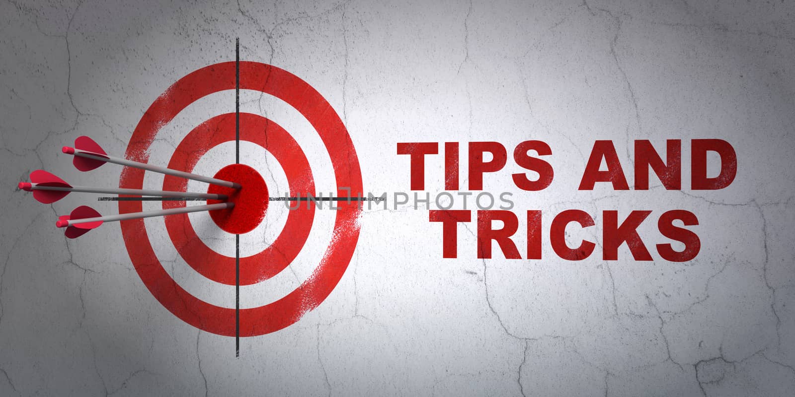 Success Learning concept: arrows hitting the center of target, Red Tips And Tricks on wall background, 3D rendering
