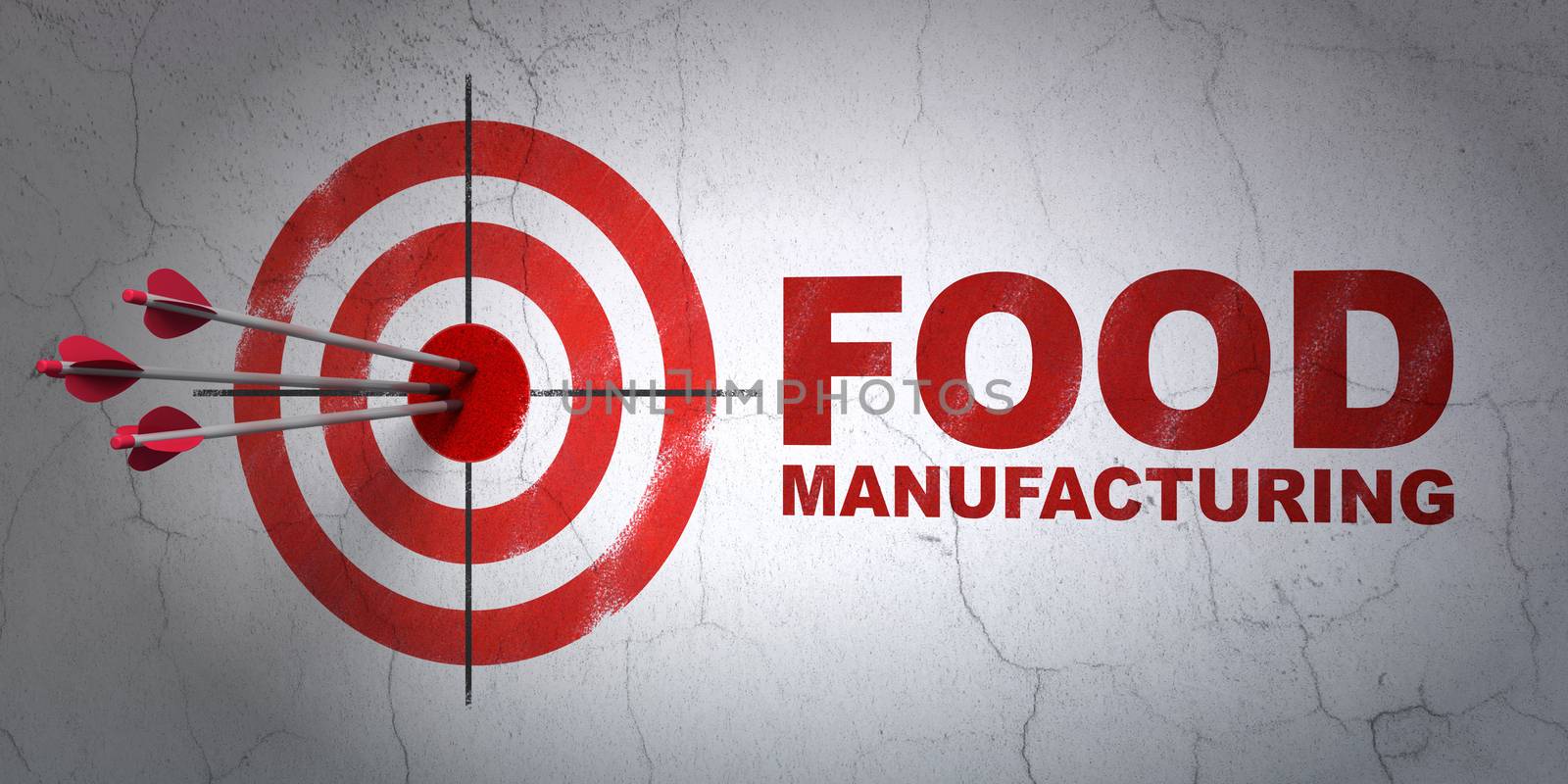 Success Industry concept: arrows hitting the center of target, Red Food Manufacturing on wall background, 3D rendering