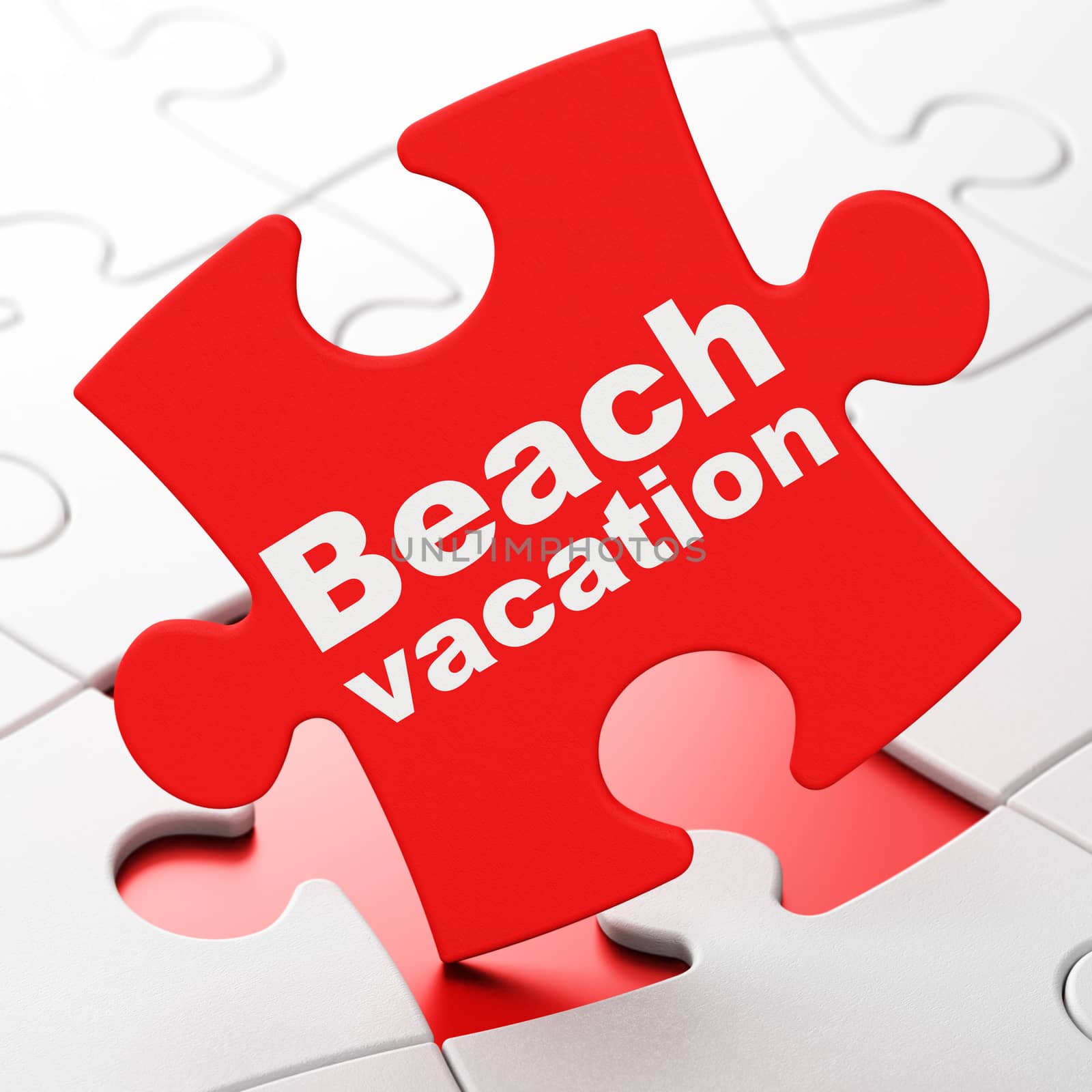 Tourism concept: Beach Vacation on Red puzzle pieces background, 3D rendering