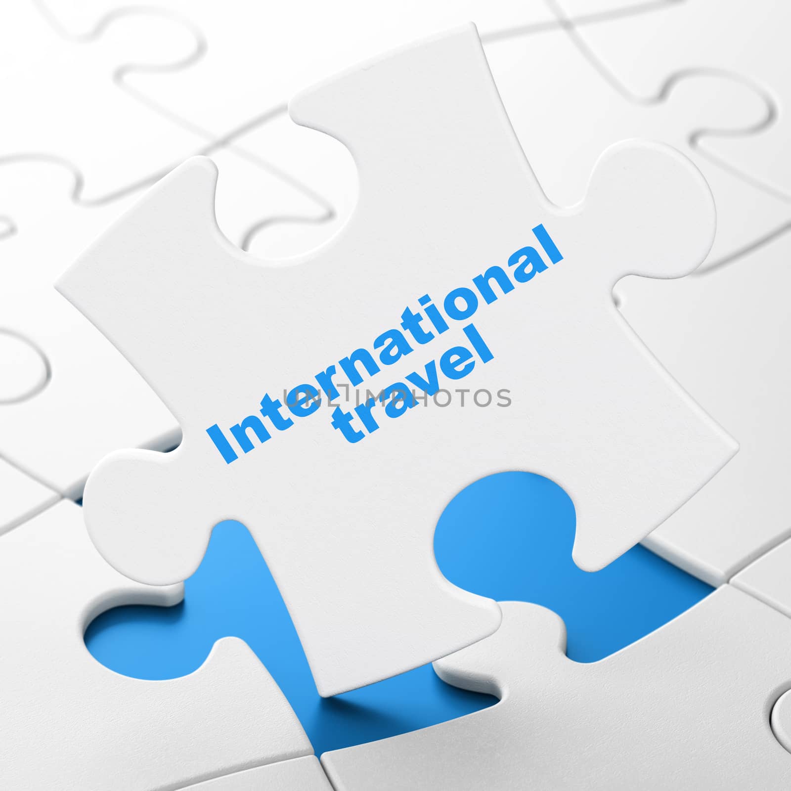 Vacation concept: International Travel on White puzzle pieces background, 3D rendering