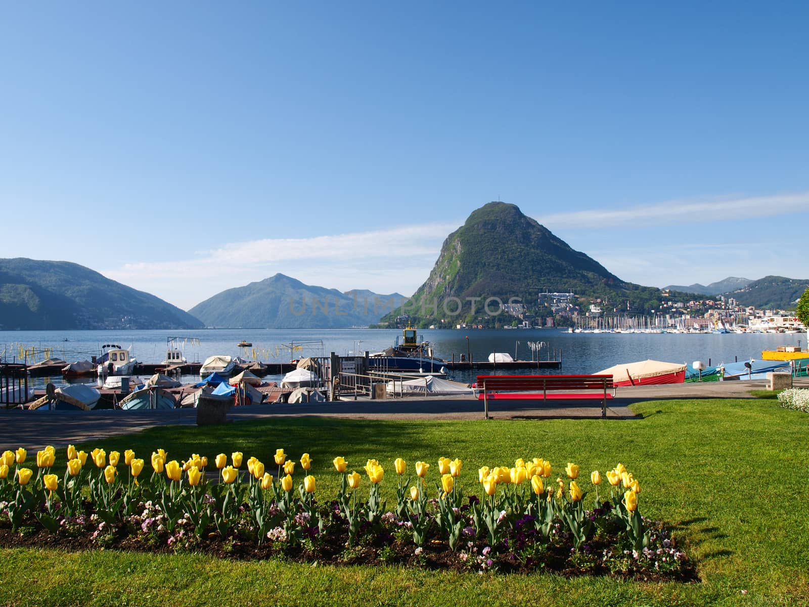 Lugano, Switzerland: view of the gulf from the botanical garden of the city