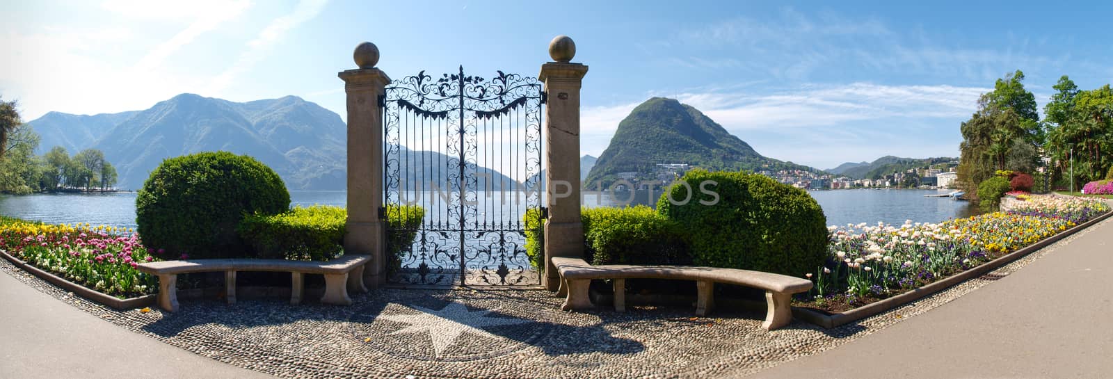 Lugano, Switzerland: view of the gulf from the botanical garden of the city