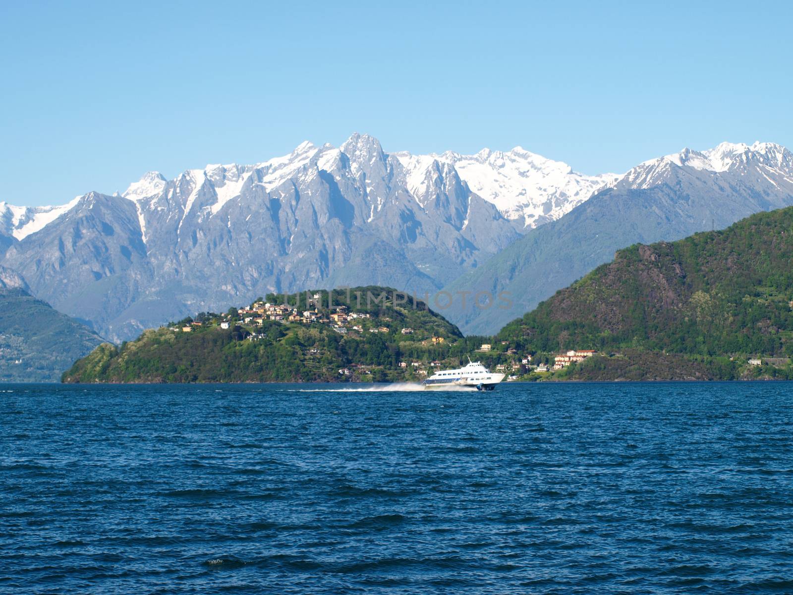 Pianello del Lario, Lake of Como, Italy: Panorama of the Hydrofoil and the background Piona on the Lake of Como