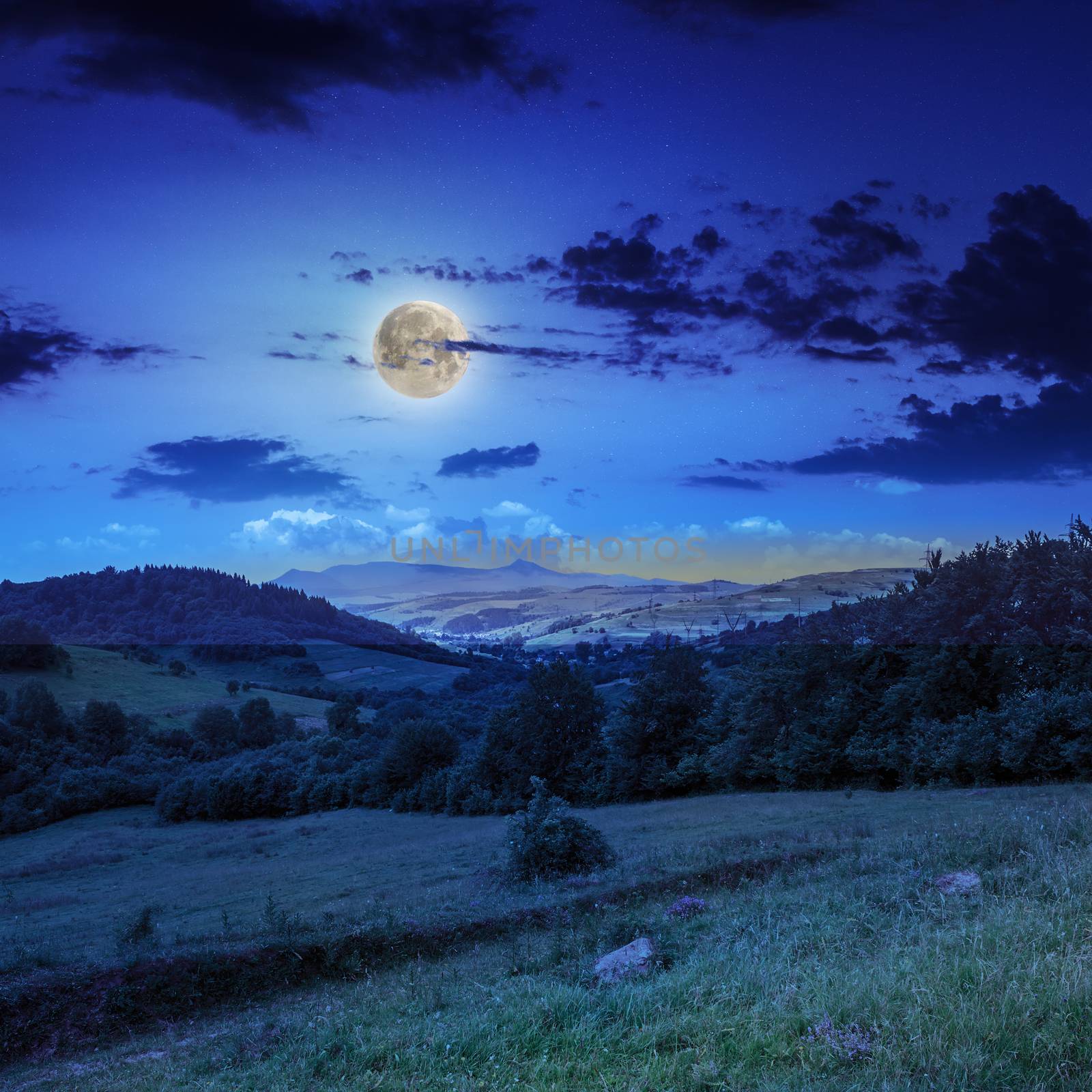 autumn landscape. village on the hillside. forest on the mountain. moon light fall on clearing on mountains