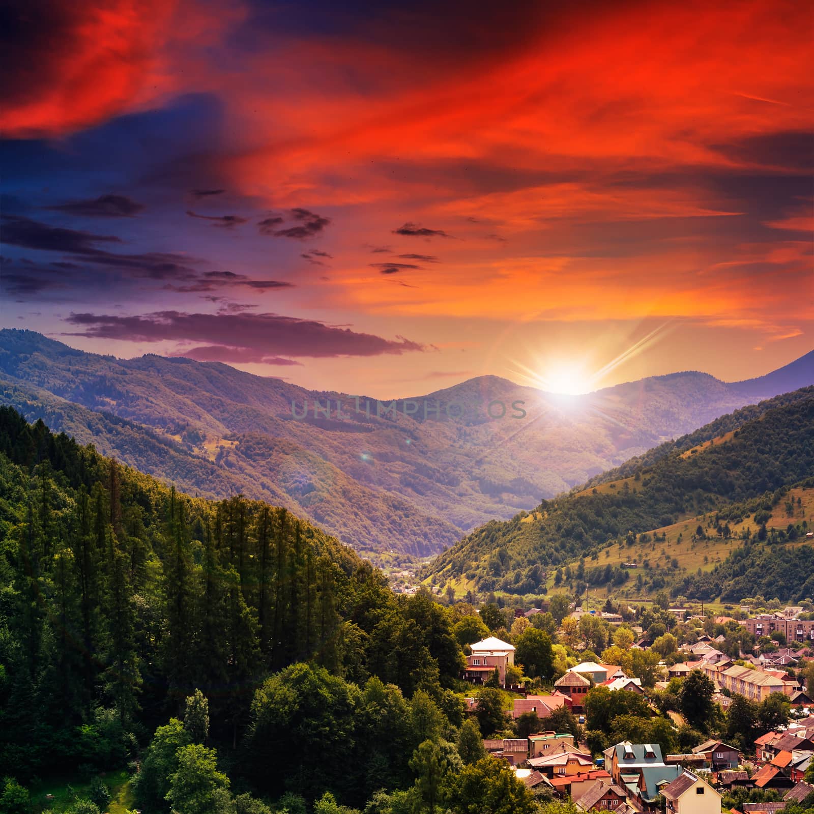 village on hillside meadow with forest in mountain at sunset by Pellinni