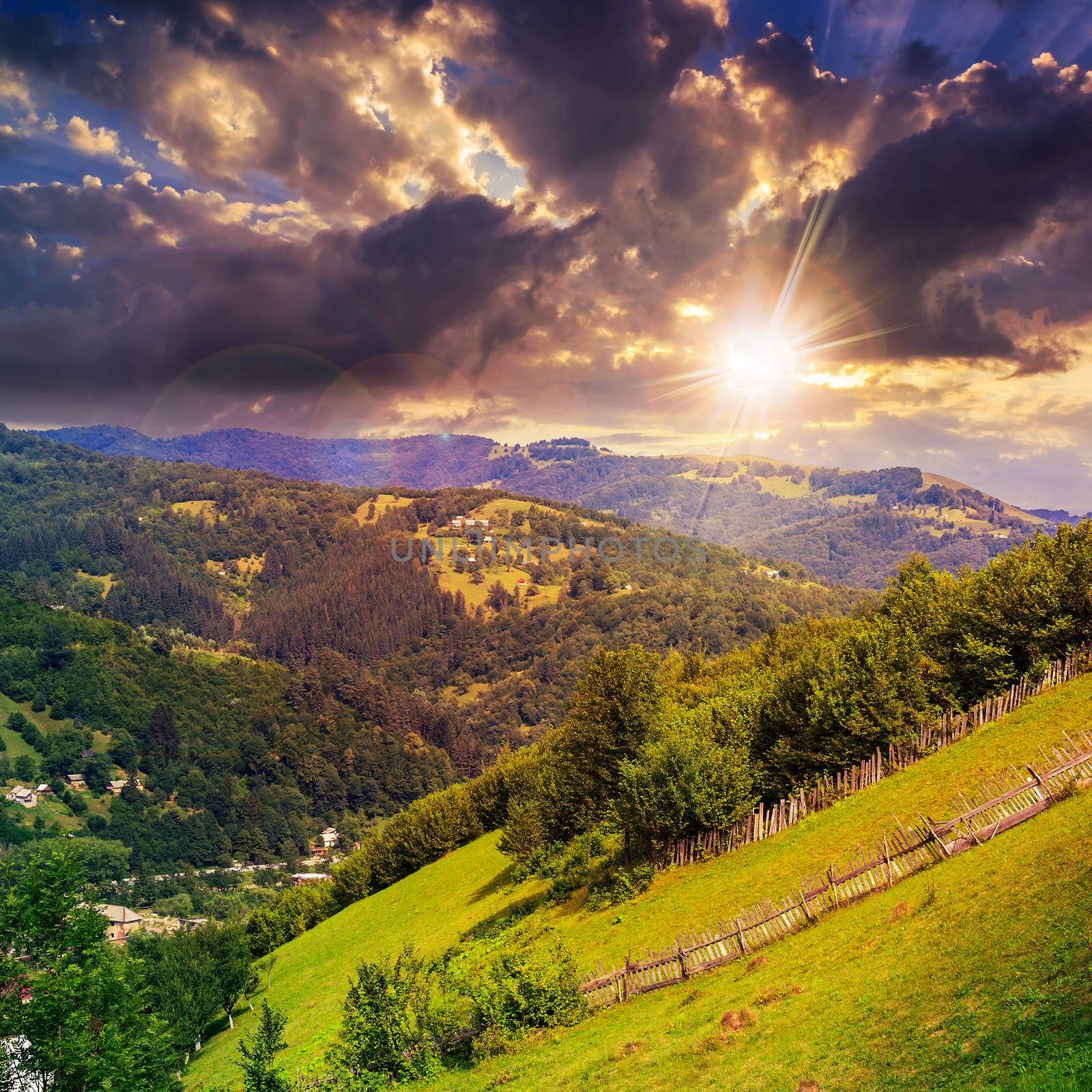 village on hillside meadow with forest in mountain at sunset by Pellinni