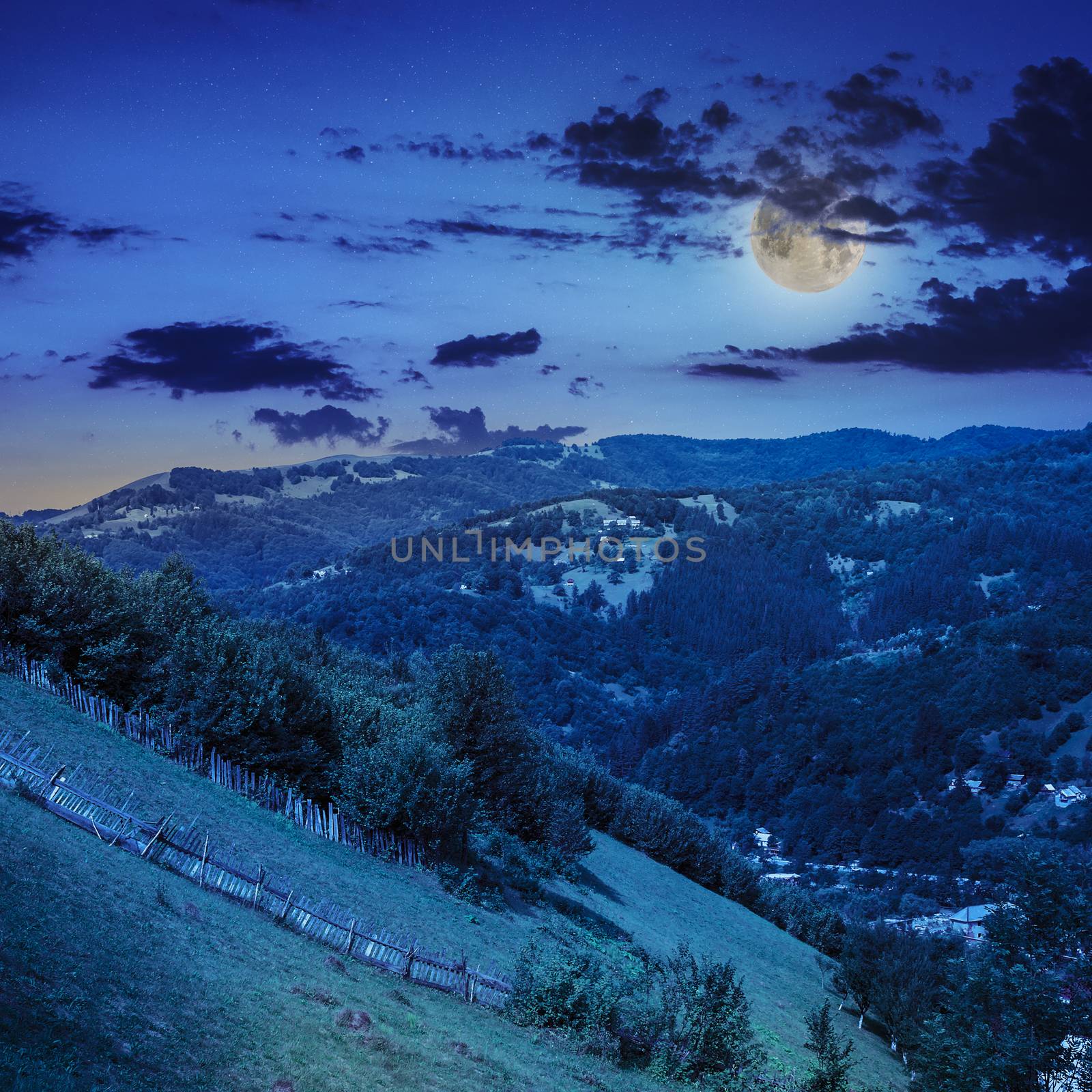 autumn landscape. village on the hillside. forest on the mountain light fall on clearing on mountains in moon light