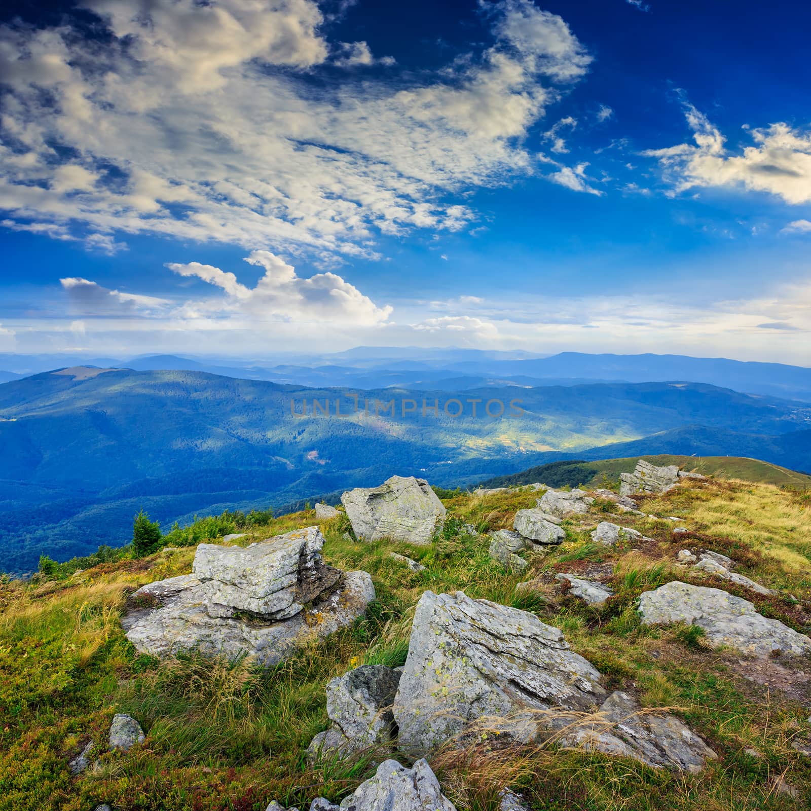 mountain landscape. valley with stones on the hillside. forest on the mountain under the beam of light falls on a clearing at the top of the hill.