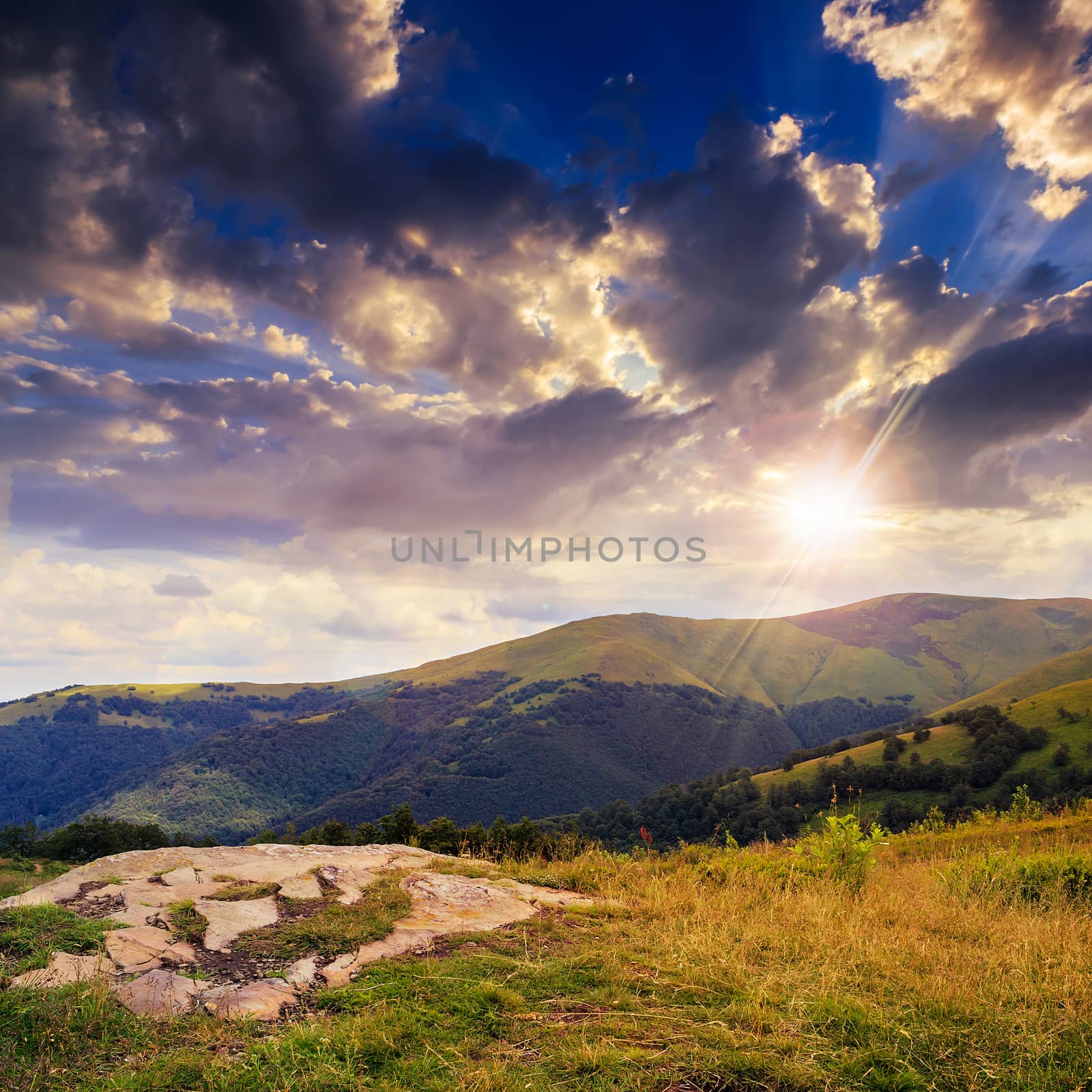 mountain landscape. valley with stones on the hillside. forest on the mountain under the beam of light falls on a clearing at the top of the hill. at sunset