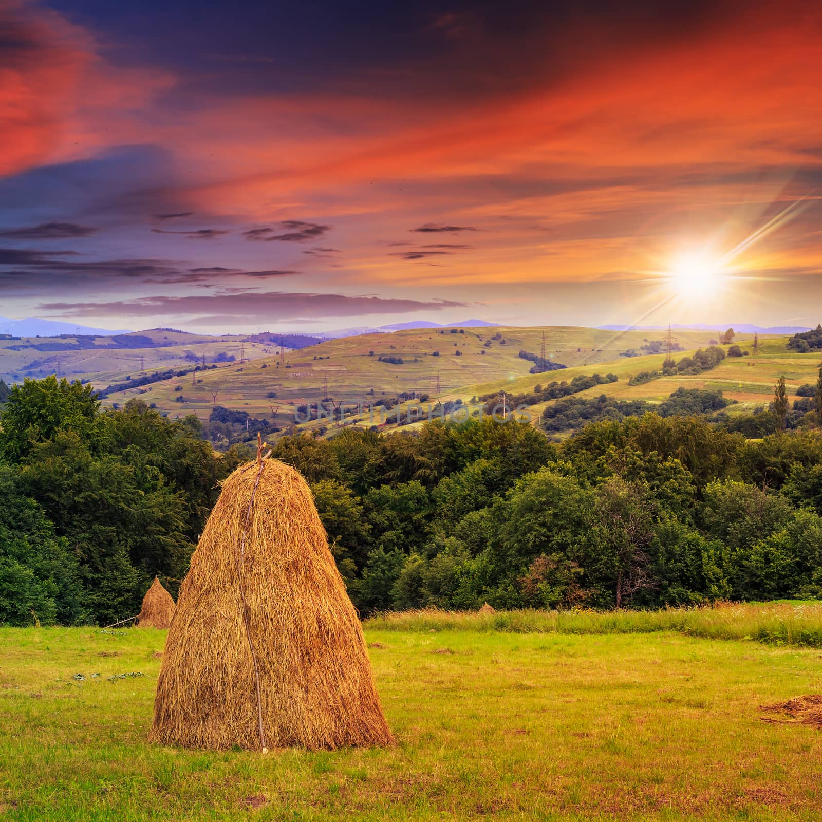 pair of haystacks and tree at mountain at sunset by Pellinni