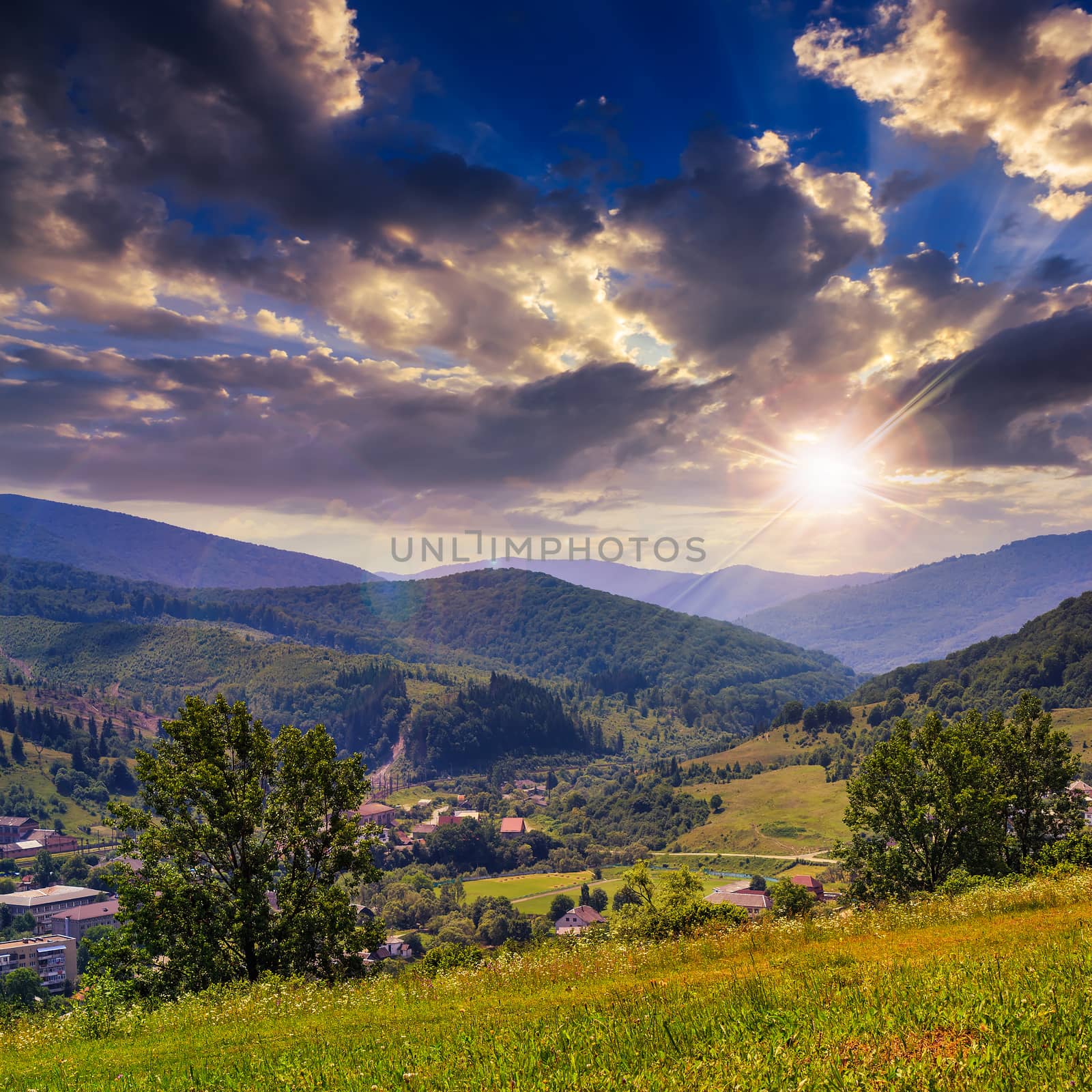 summer landscape. village at the foot of the mountain. forest and valley in mountain at sunset