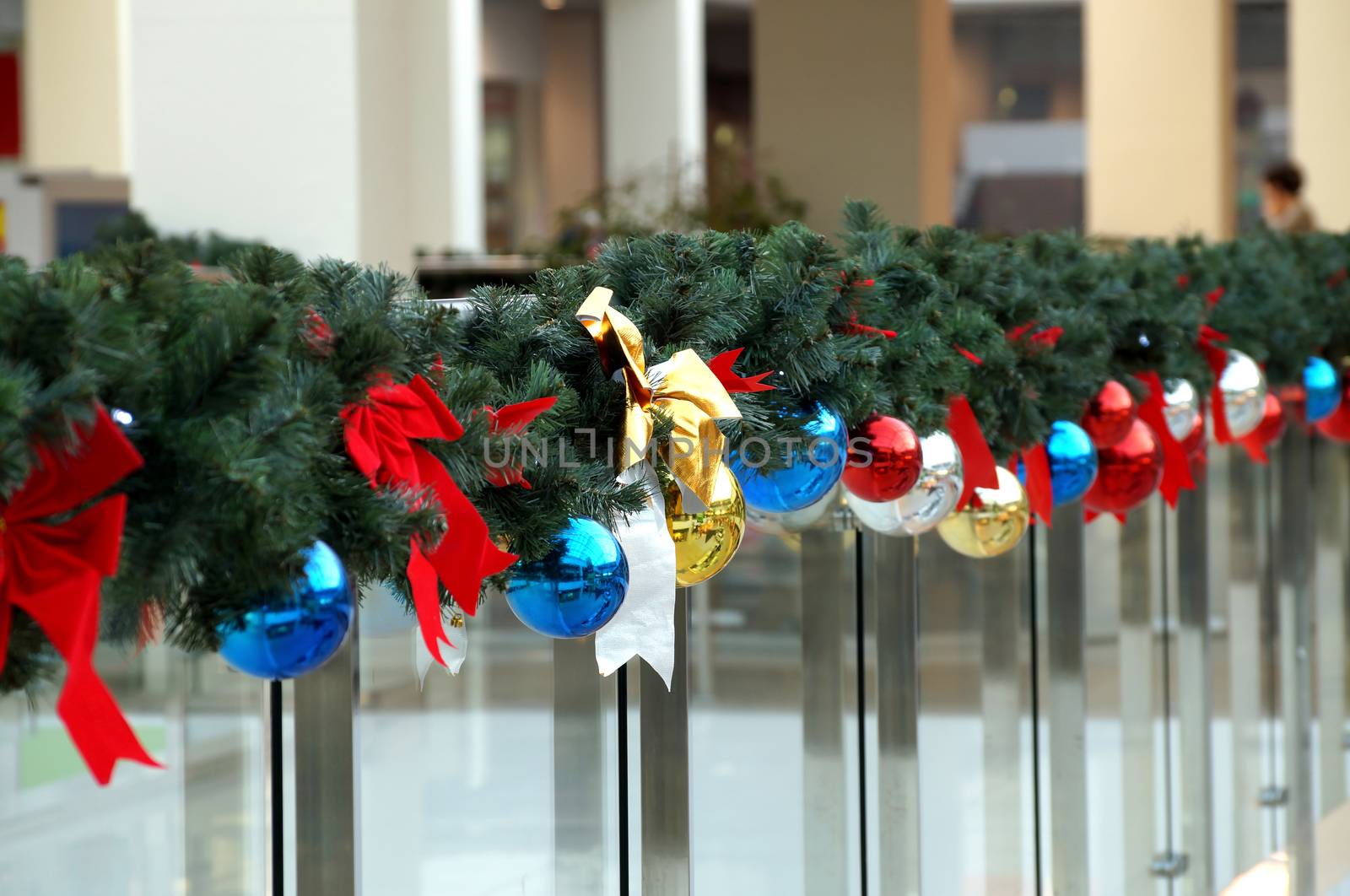 Christmas decoration of shopping center spheres, bows by Vadimdem