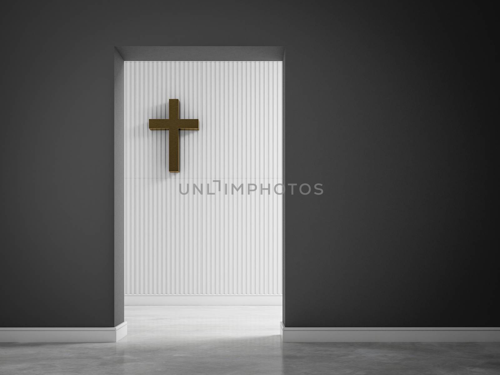 empty room with cross on wall 3d rendering