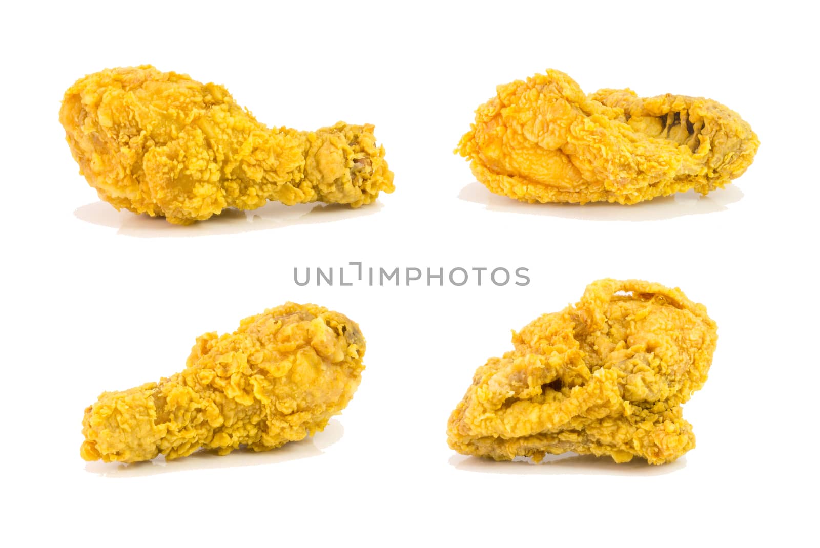 fried chicken breast drumstick and wing isolated on white