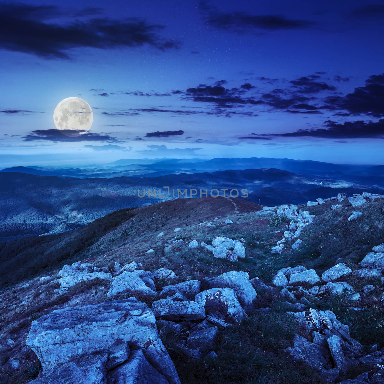 white sharp stones on the hillside at night in moon light