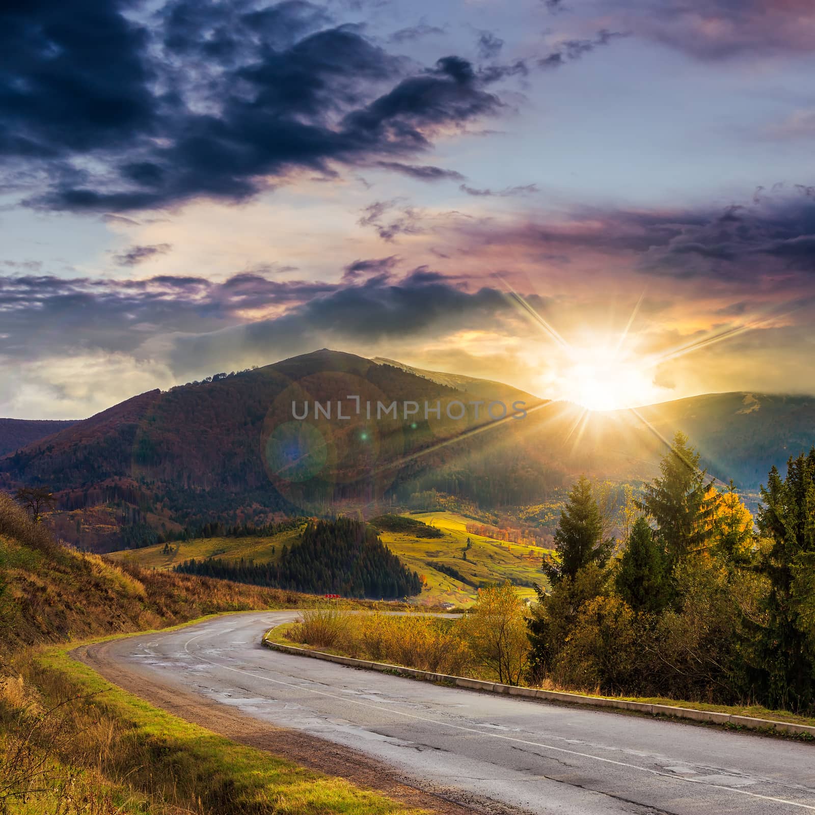 asphalt road going off into the mountain passes through the green shaded forest near rural places at sunset