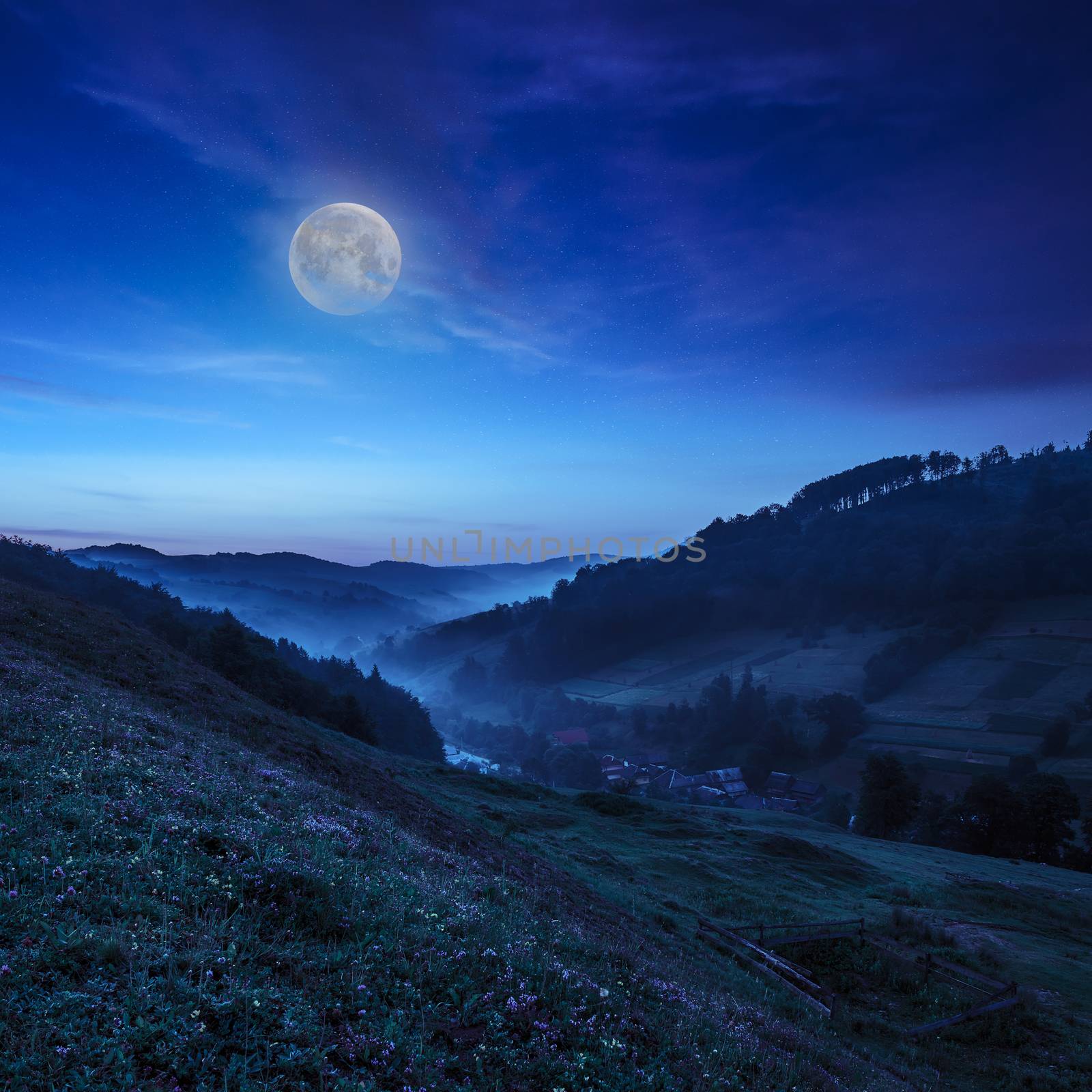 cold morning fog on a hillside meadow near mountain village at night in moon light