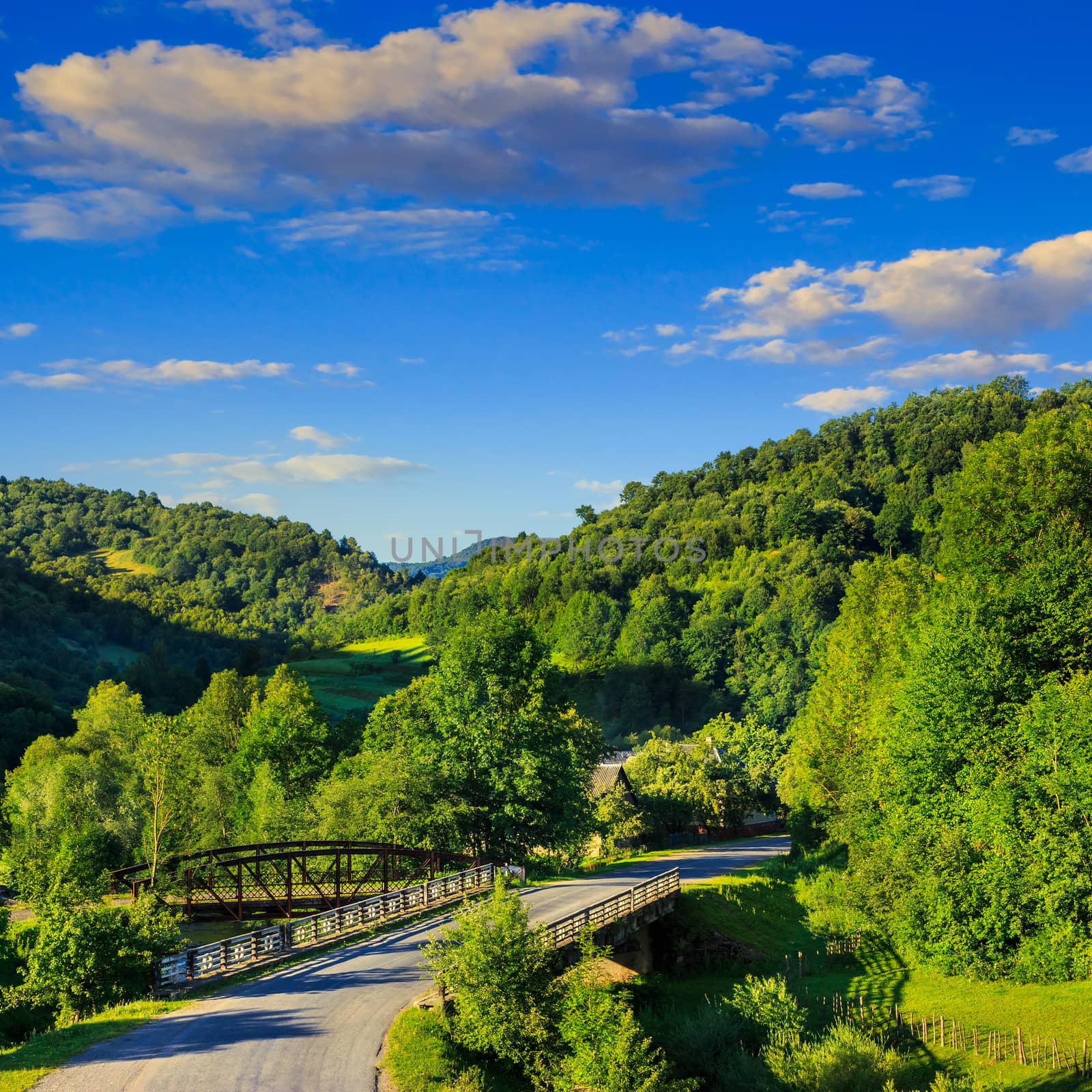 asphalt road going through the bridge off into mountains on the left, passes through the green shaded forest