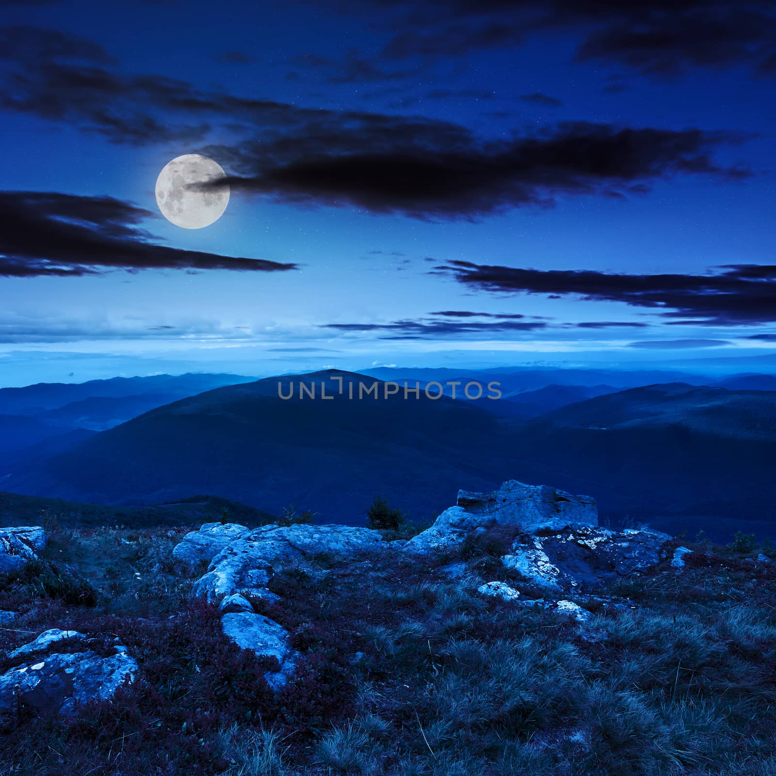 white sharp stones on the hillside at night in moon light