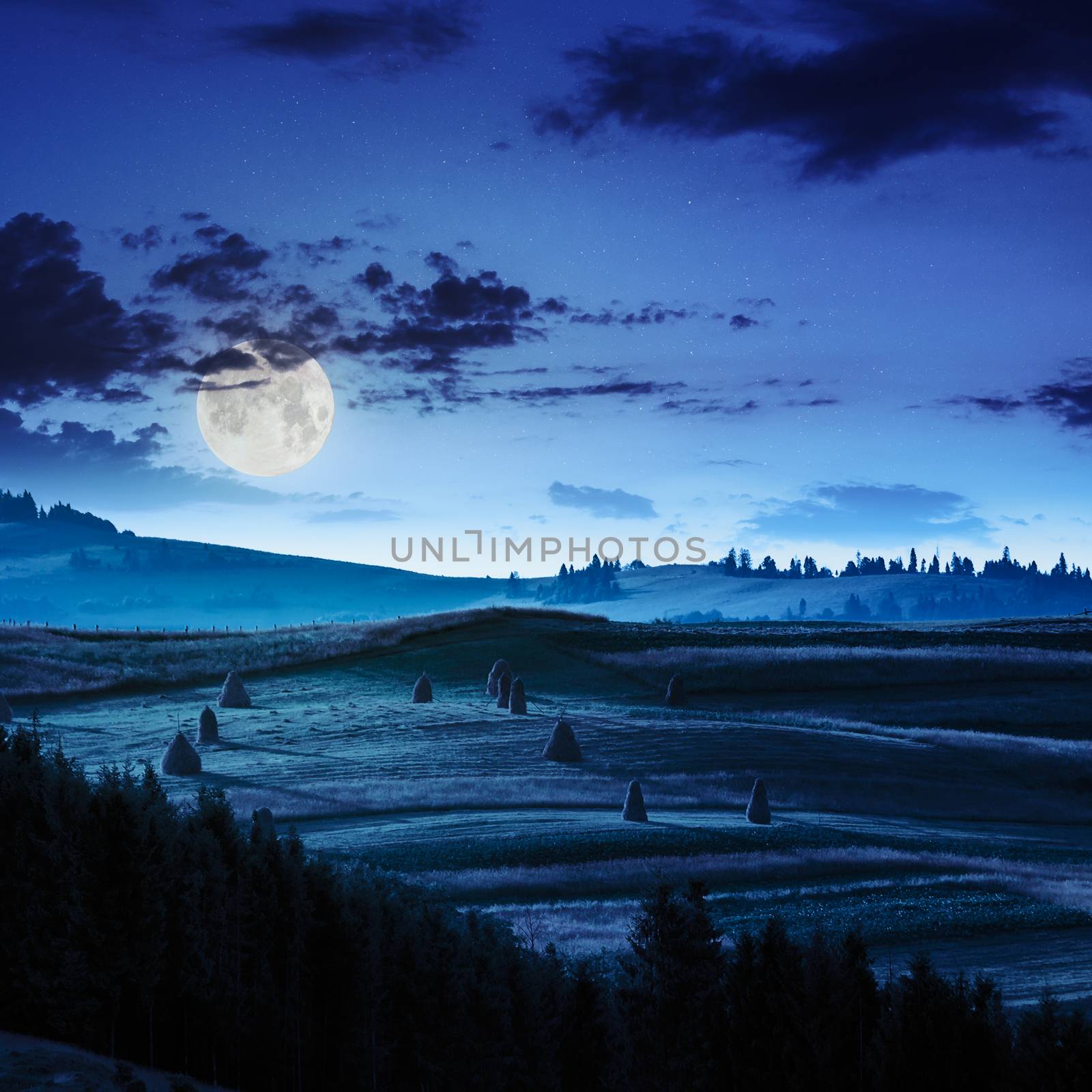 Stack of hay on a green meadow in the mountains at night in moon light under a blue summer sky