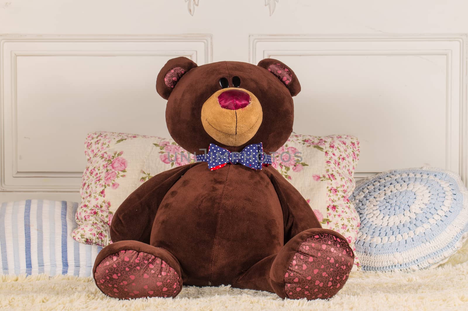 teddy bear with colorful pillows on sofa closeup