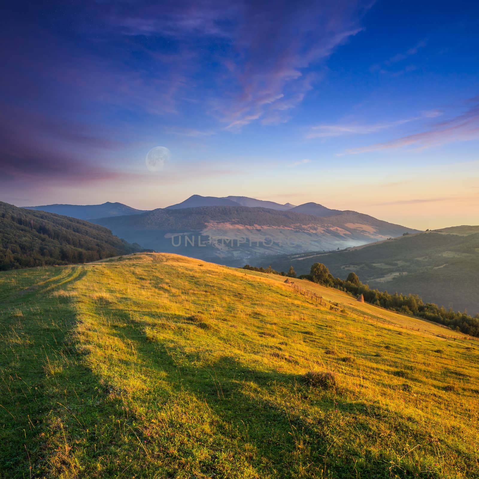 few haystacks behind wooden fence and some trees on a green meadow on hillside between mountain at sunset with moon