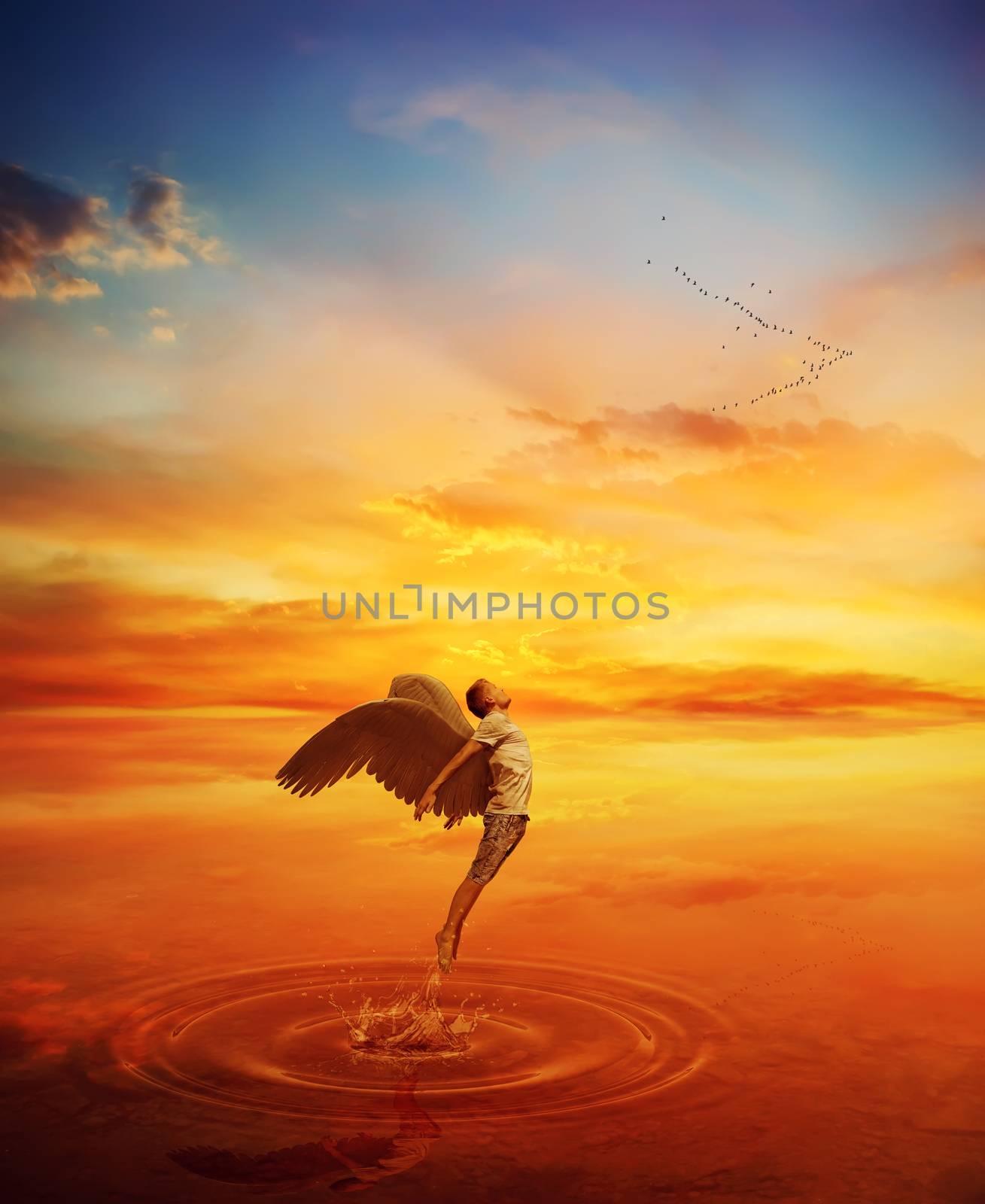 Surrealistic image as angel try to jump from the lake water and fly away. Great spiritual escape over a paradise sunset background.