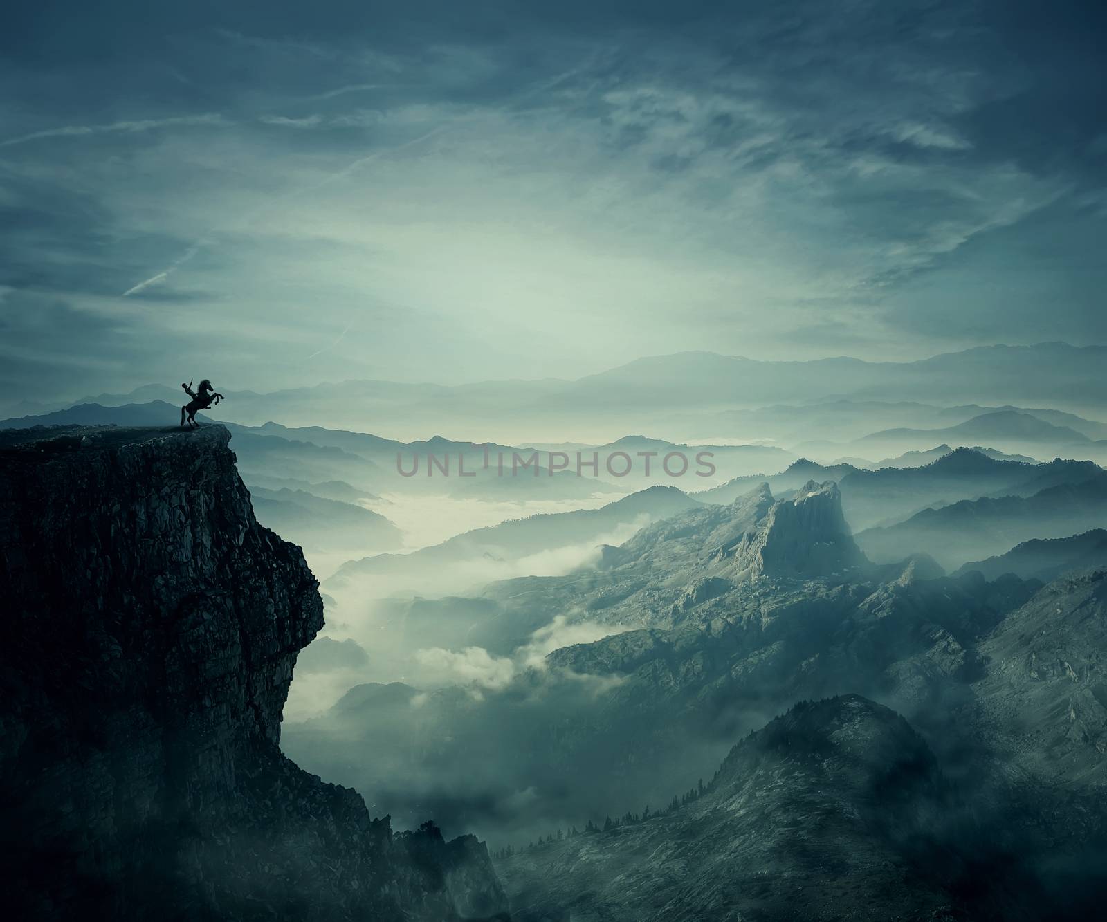 Young man riding a wild horse on the peak of a cliff. New lands discovery, adventure and friendship concept.